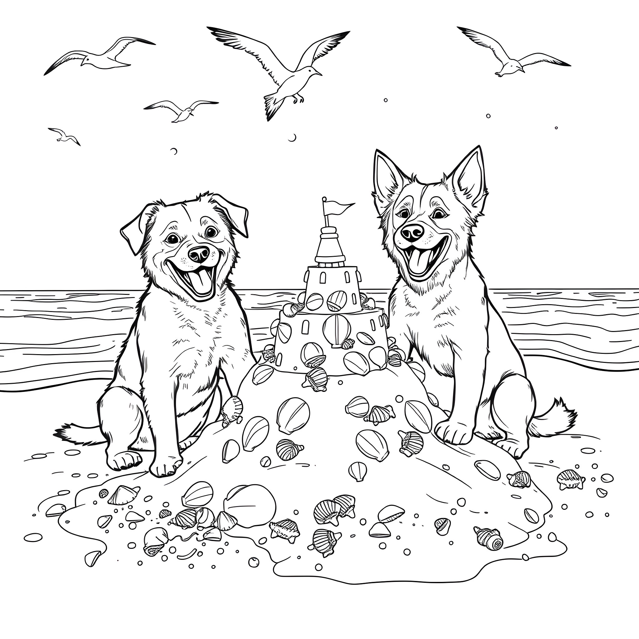 Dogs playing happily with sandcastles on the beach Coloring Page (free black-and-white line drawing printable PDF for all, from beginners to advanced learners, including children, teens, adults, and seniors)