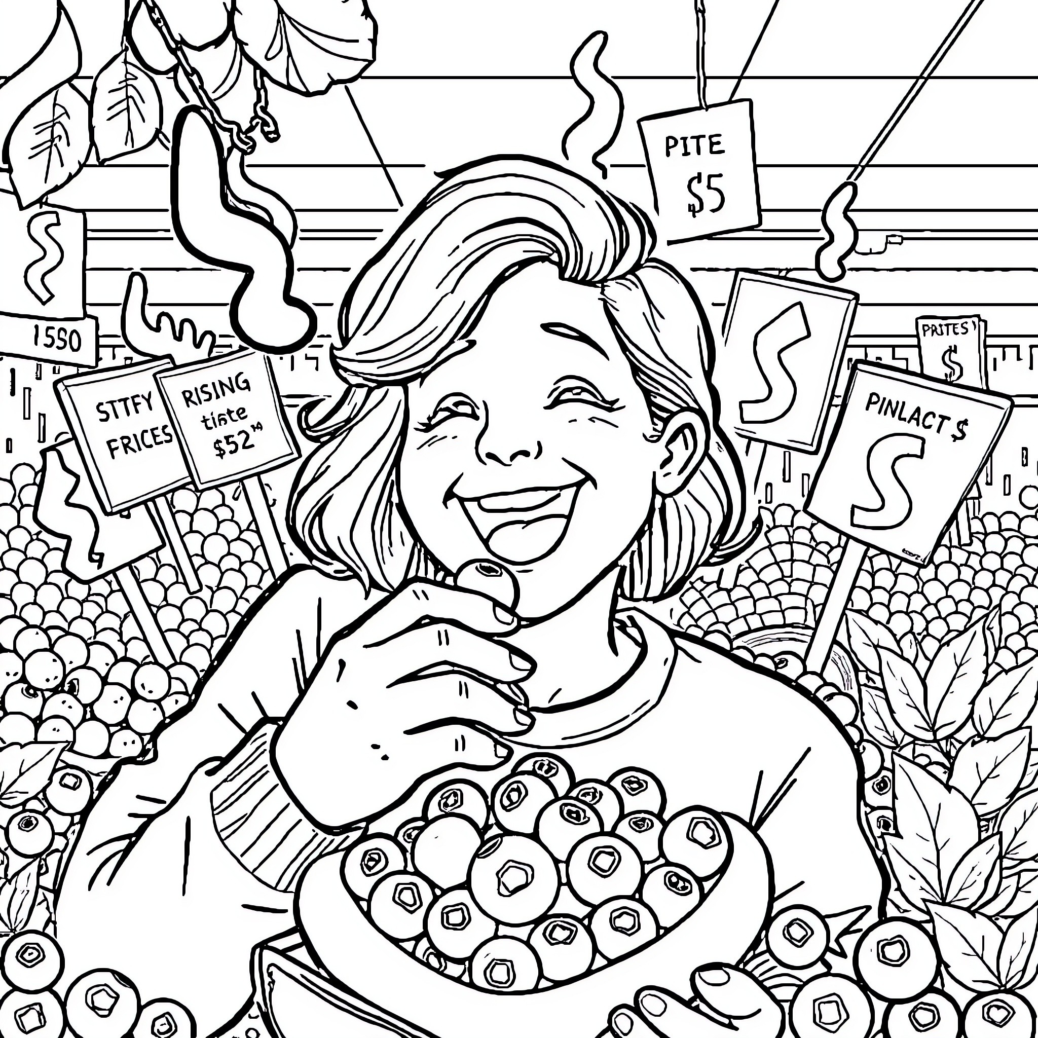 Human sells produce at a farmers market Coloring Page (free black-and-white line drawing printable PDF for all, from beginners to advanced learners, including children, teens, adults, and seniors)