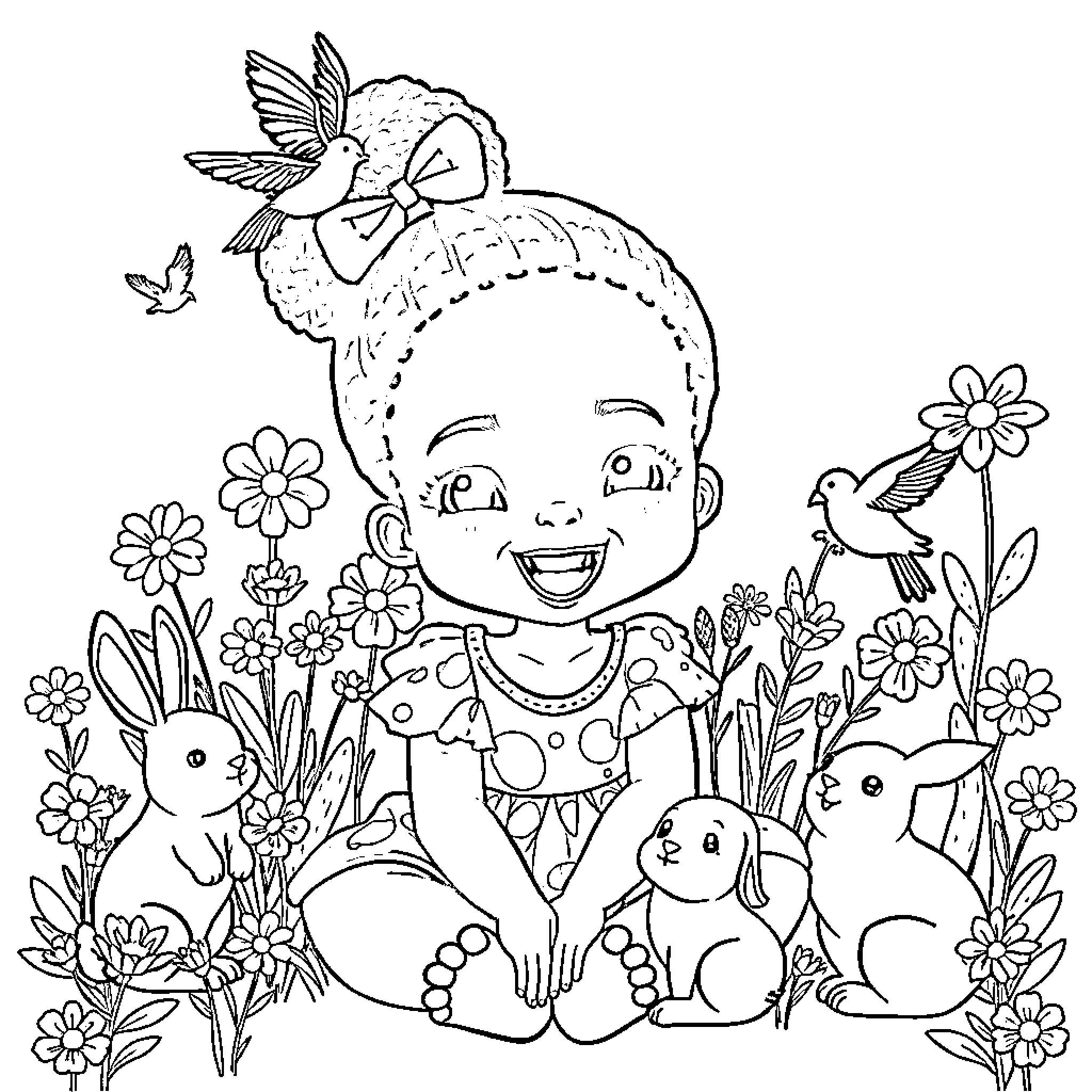Girl enjoying nature with bunnies and flowers Coloring Page (free black-and-white line drawing printable PDF for all, from beginners to advanced learners, including children, teens, adults, and seniors)