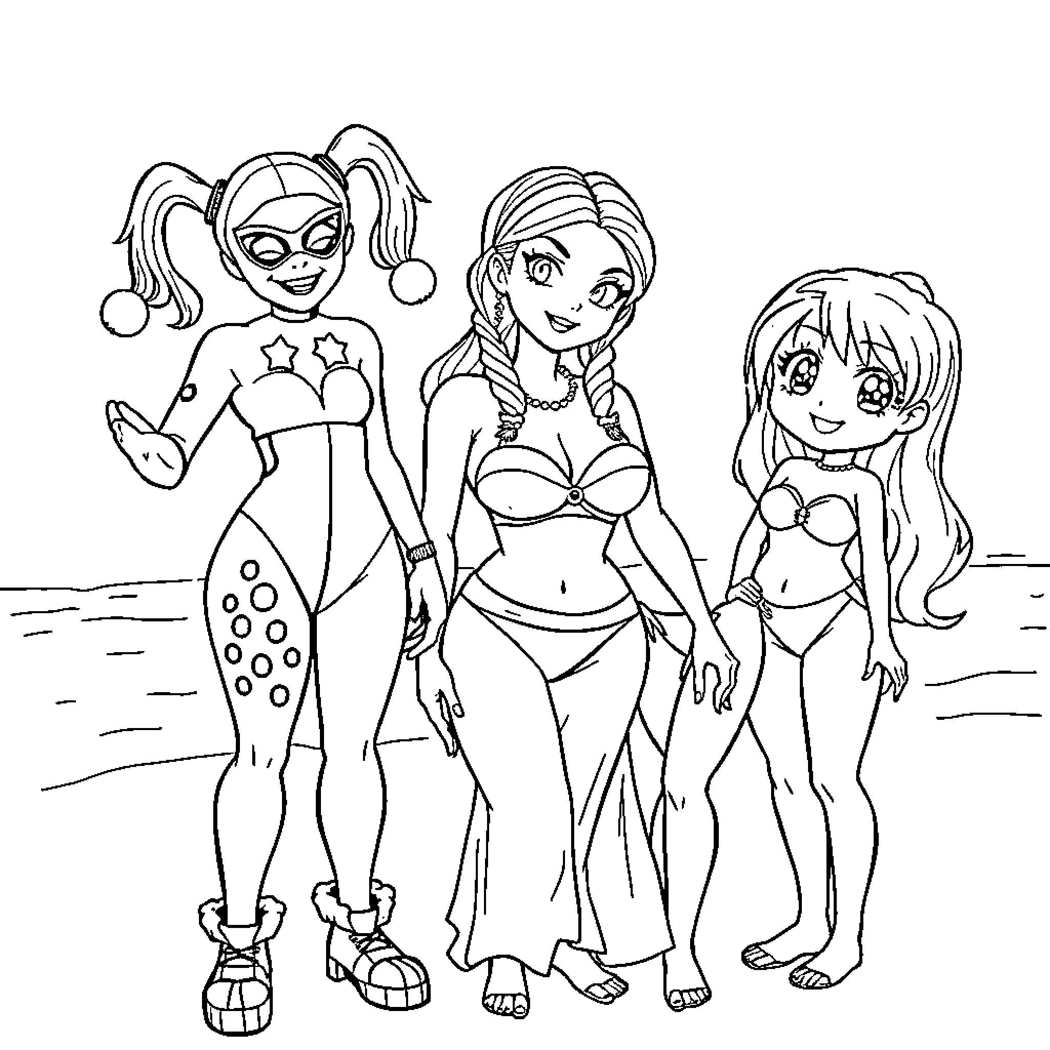 Harley Quinn and Bikini-Clad Companions on the Beach Coloring Page (free black-and-white line drawing printable PDF for all, from beginners to advanced learners, including children, teens, adults, and seniors)