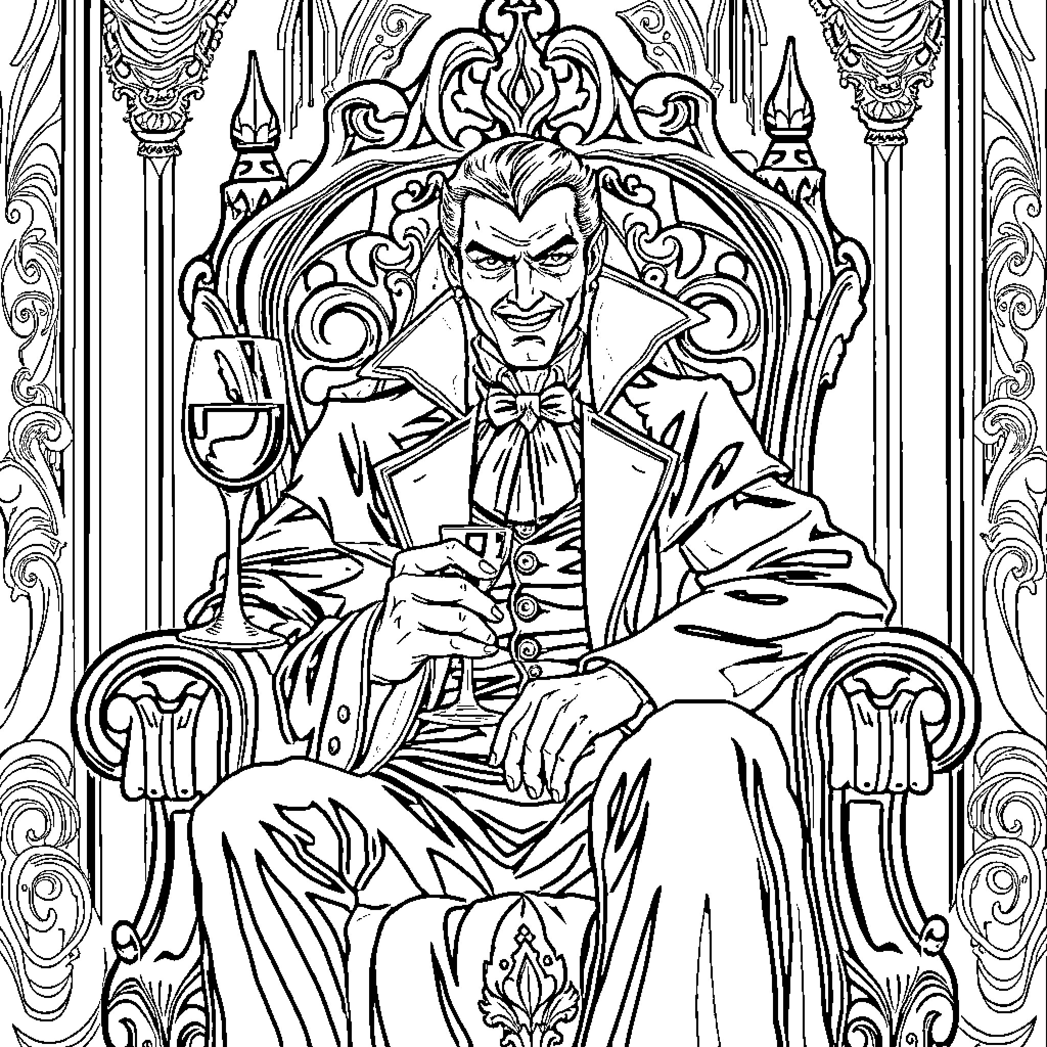 Vampire Lord Sits Regally in Ornate Throne Coloring Page (free black-and-white line drawing printable PDF for all, from beginners to advanced learners, including children, teens, adults, and seniors)