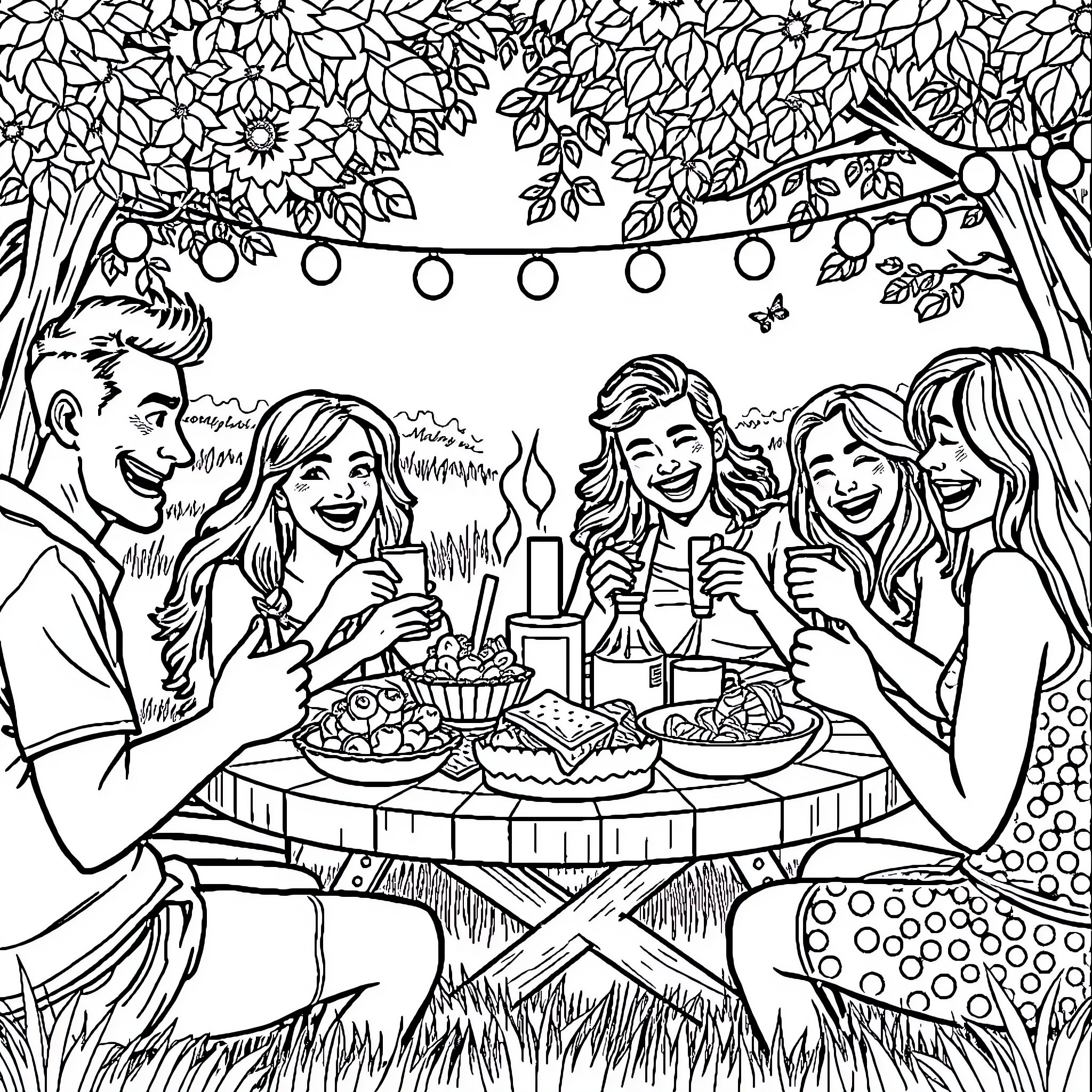 Person enjoying outdoor party with friends Coloring Page (free black-and-white line drawing printable PDF for all, from beginners to advanced learners, including children, teens, adults, and seniors)