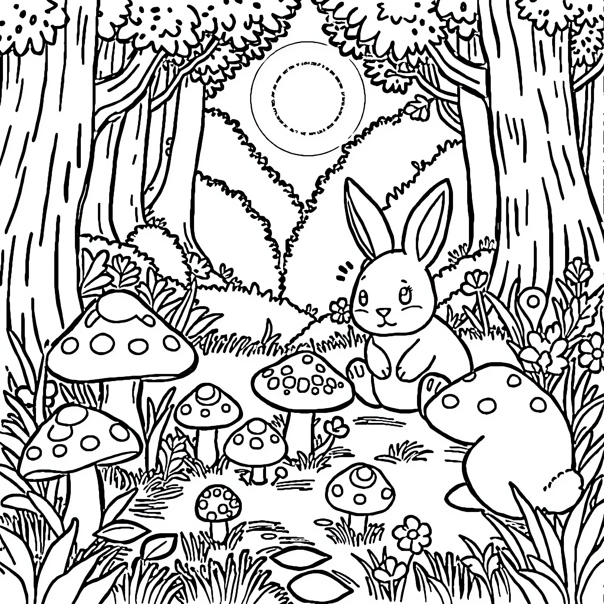 Rabbit exploring enchanted forest with mushrooms Coloring Page (free black-and-white line drawing printable PDF for all, from beginners to advanced learners, including children, teens, adults, and seniors)