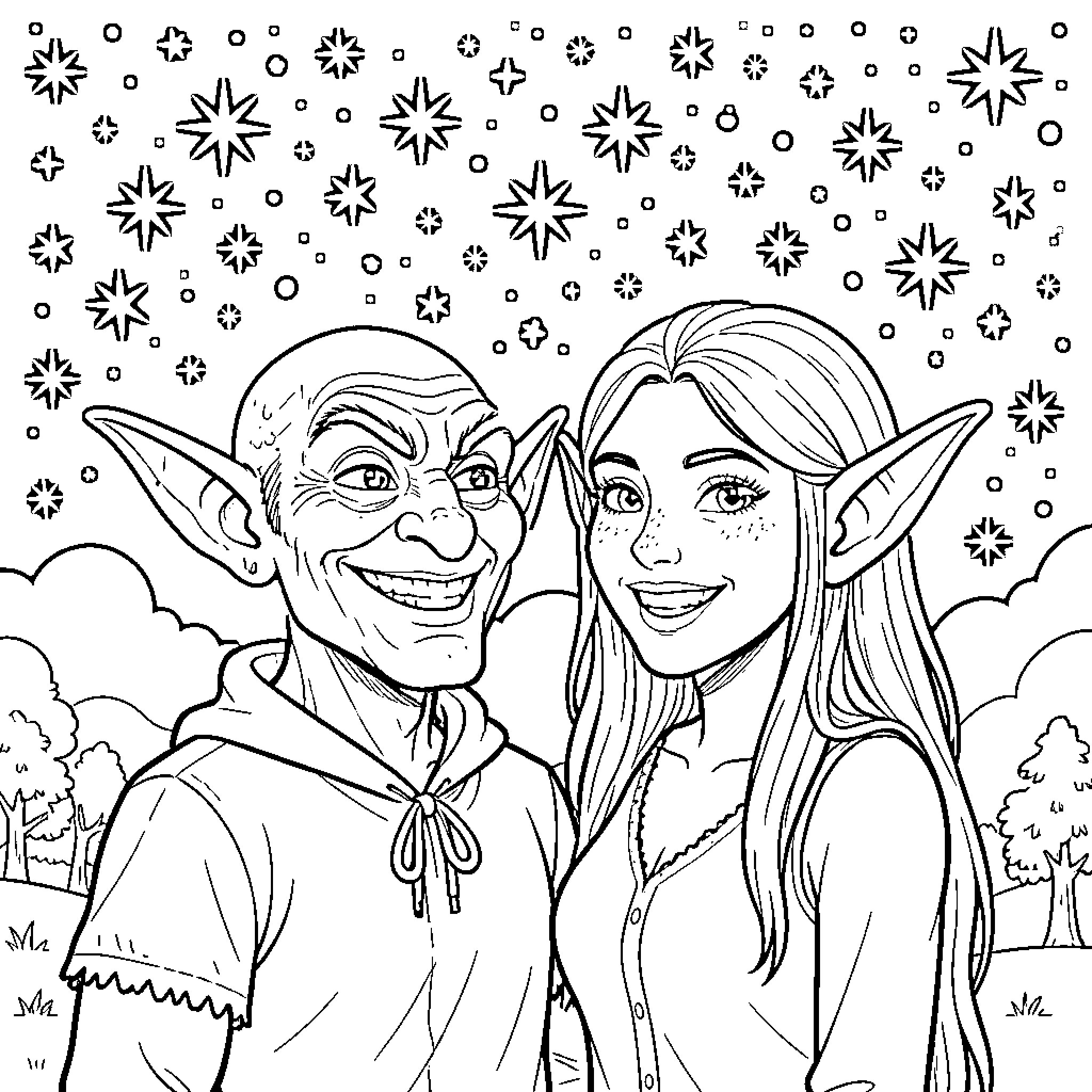 Goblin and elf enjoying a snowy day together Coloring Page (free black-and-white line drawing printable PDF for all, from beginners to advanced learners, including children, teens, adults, and seniors)