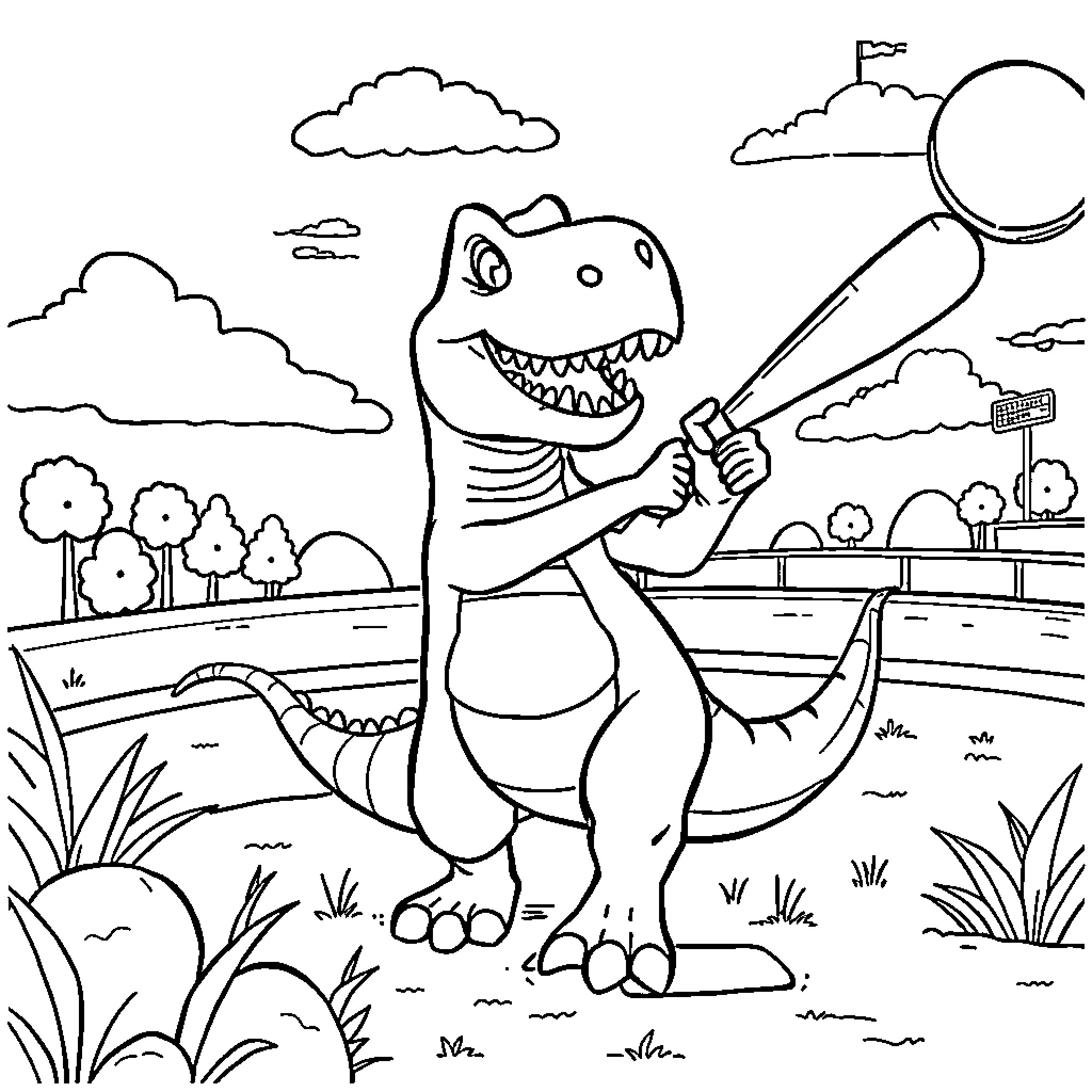 Dinosaur playing baseball in the park Coloring Page (free black-and-white line drawing printable PDF for all, from beginners to advanced learners, including children, teens, adults, and seniors)