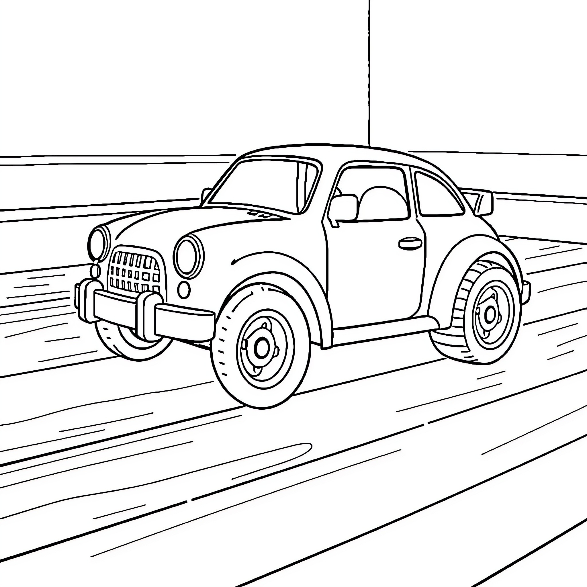 Car speeding on the road Coloring Page (free black-and-white line drawing printable PDF for all, from beginners to advanced learners, including children, teens, adults, and seniors)