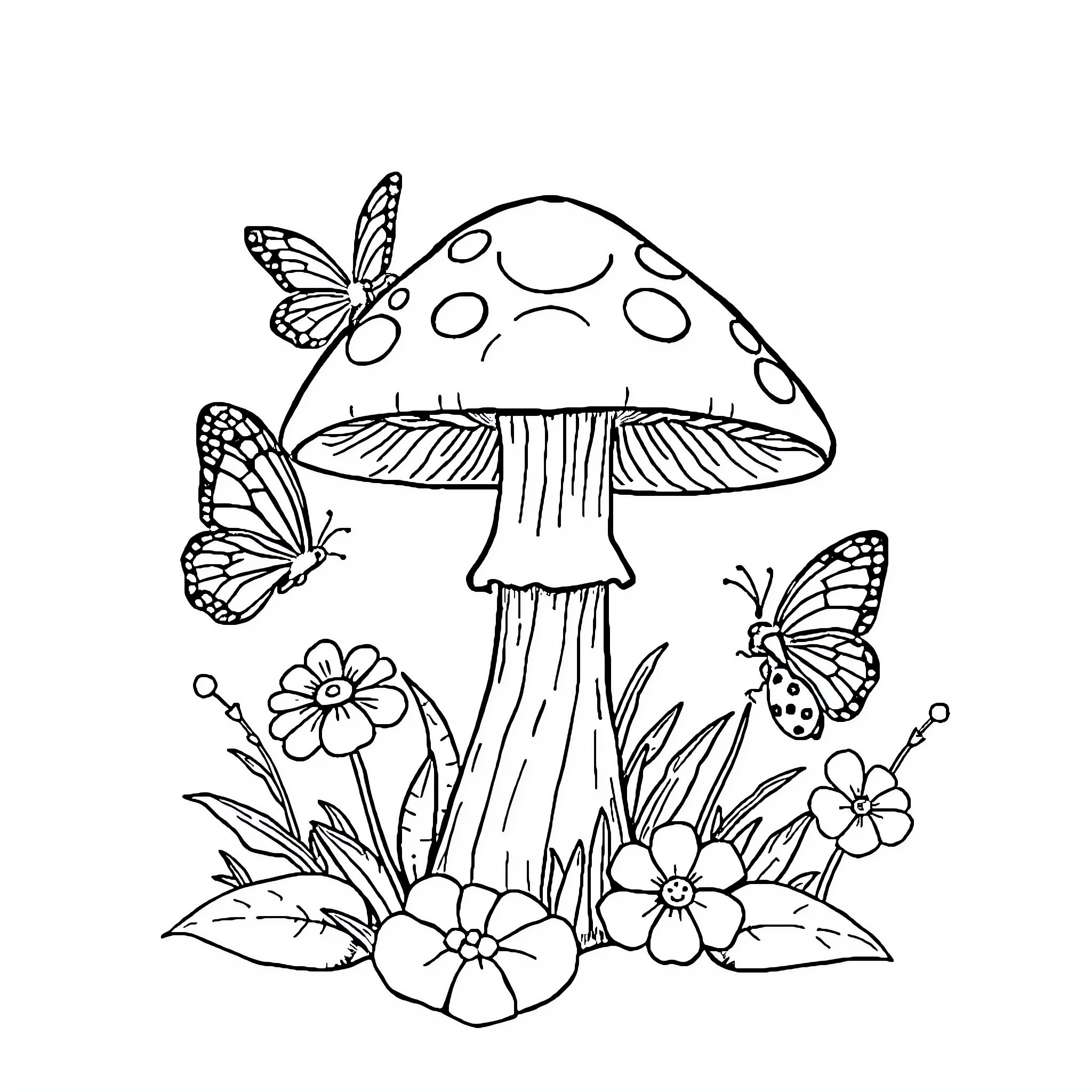 Mushroom surrounded by butterflies and flowers Coloring Page (free black-and-white line drawing printable PDF for all, from beginners to advanced learners, including children, teens, adults, and seniors)