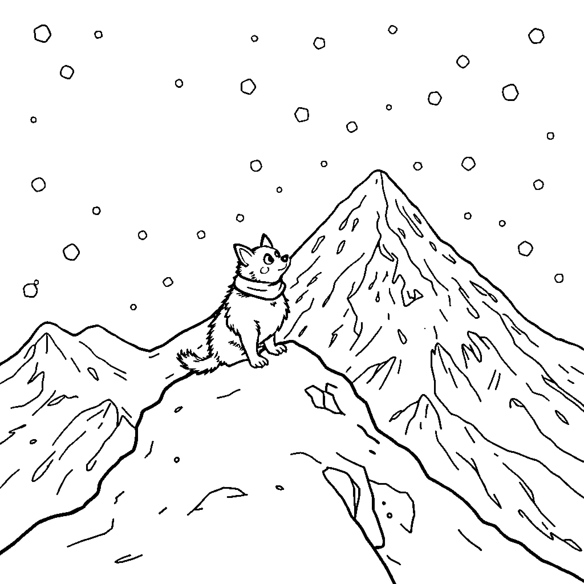 Marcus exploring the snowy mountain landscape Coloring Page (free black-and-white line drawing printable PDF for all, from beginners to advanced learners, including children, teens, adults, and seniors)