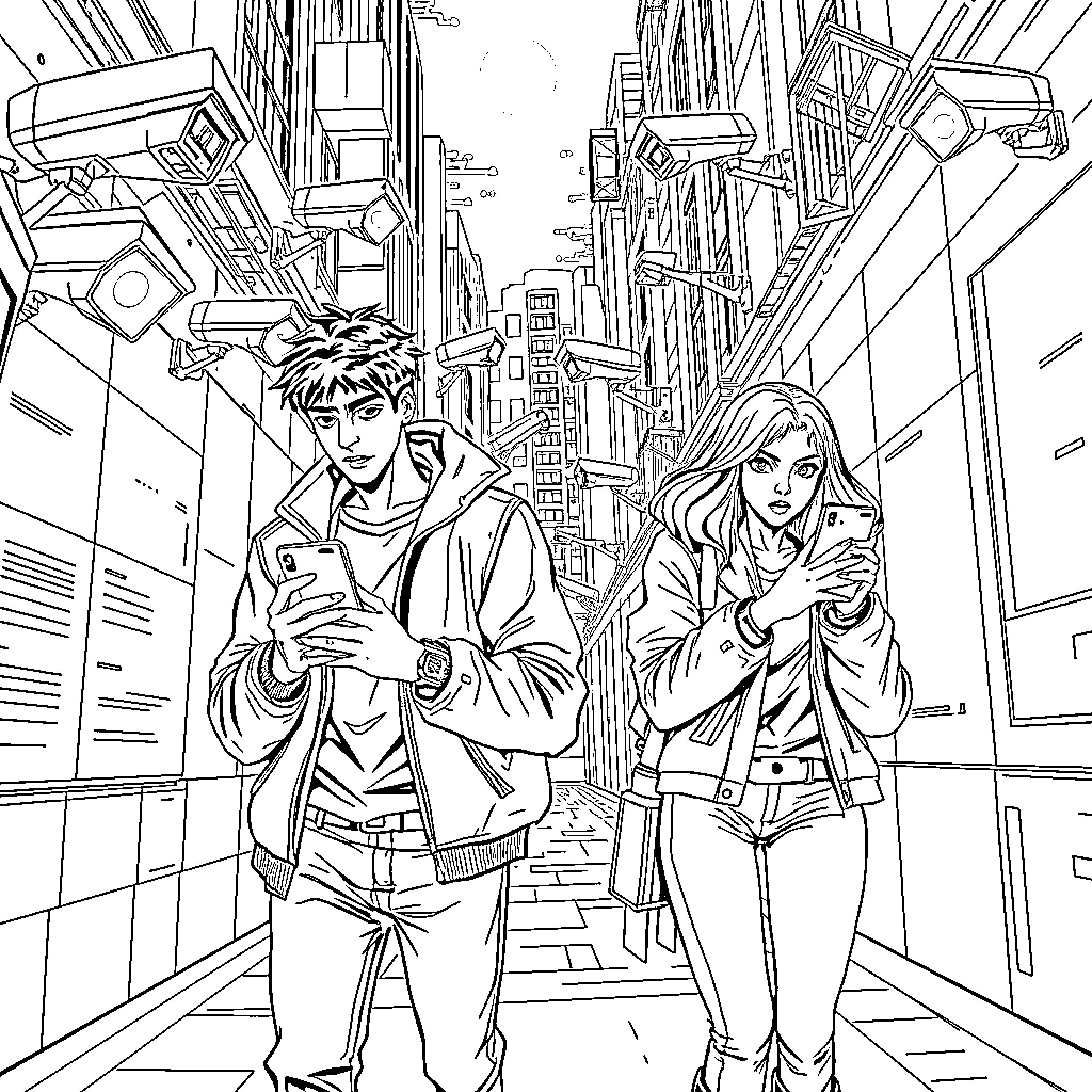 Youth walking through the bustling city streets Coloring Page (free black-and-white line drawing printable PDF for all, from beginners to advanced learners, including children, teens, adults, and seniors)
