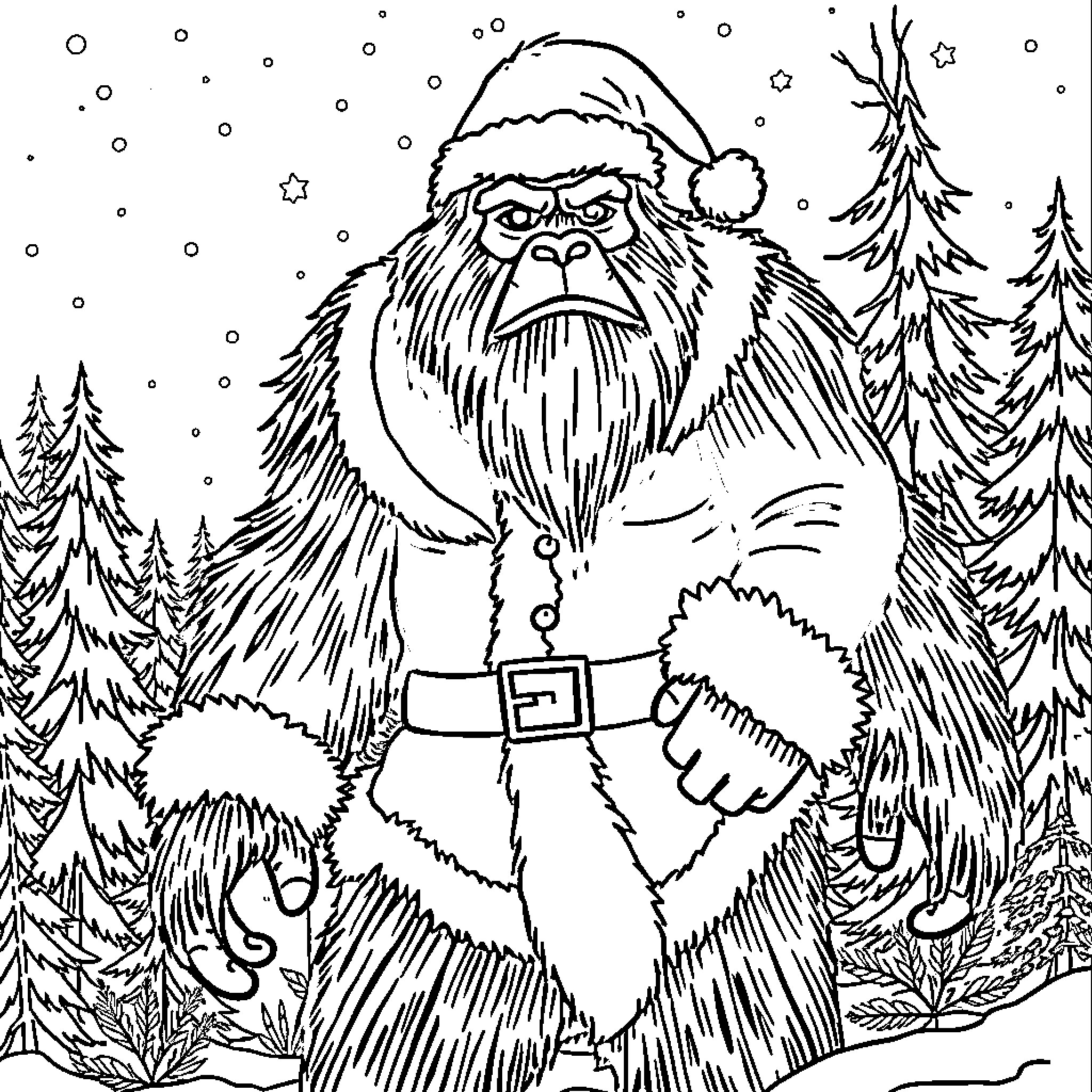 Bigfoot wearing a Santa hat in the snowy forest Coloring Page (free black-and-white line drawing printable PDF for all, from beginners to advanced learners, including children, teens, adults, and seniors)
