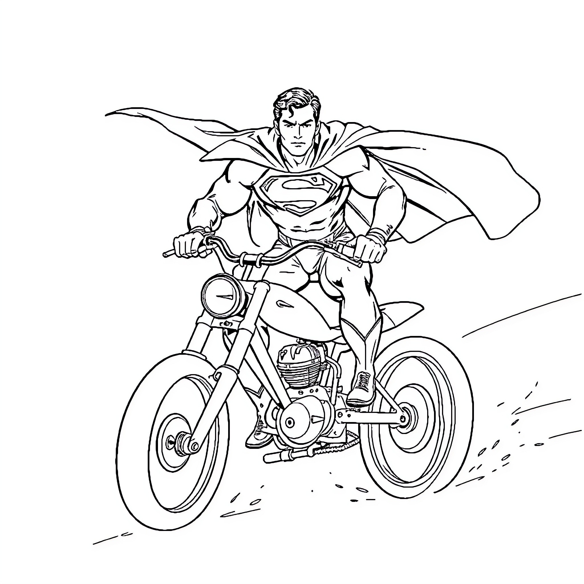 Superman speeding on a motorcycle Coloring Page (free black-and-white line drawing printable PDF for all, from beginners to advanced learners, including children, teens, adults, and seniors)