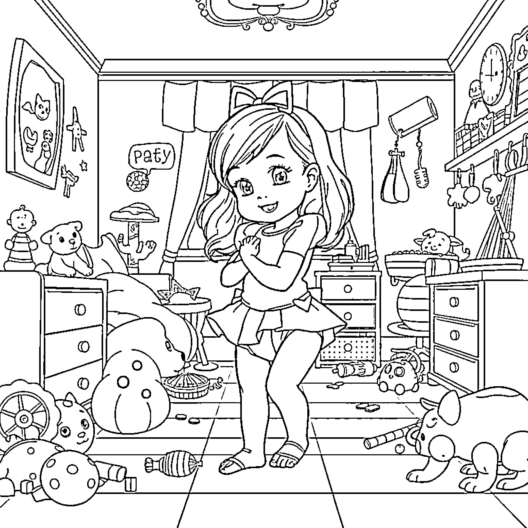 Alice's Cozy Bedroom Adventure Coloring Page (free black-and-white line drawing printable PDF for all, from beginners to advanced learners, including children, teens, adults, and seniors)