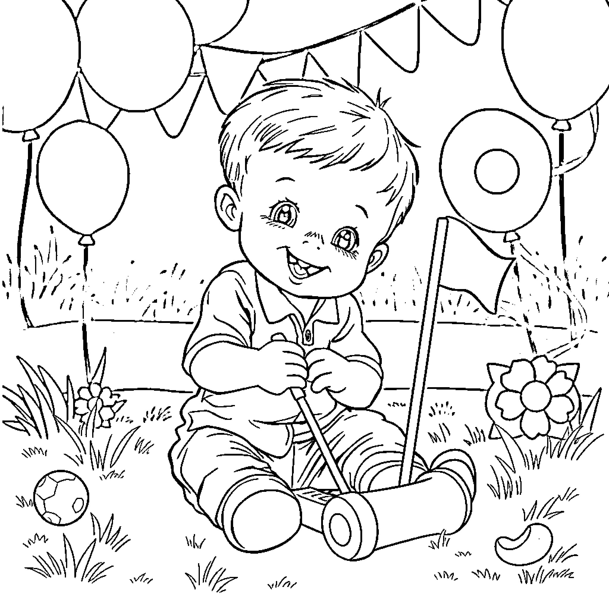 Boy playing with toys in the garden Coloring Page (free black-and-white line drawing printable PDF for all, from beginners to advanced learners, including children, teens, adults, and seniors)