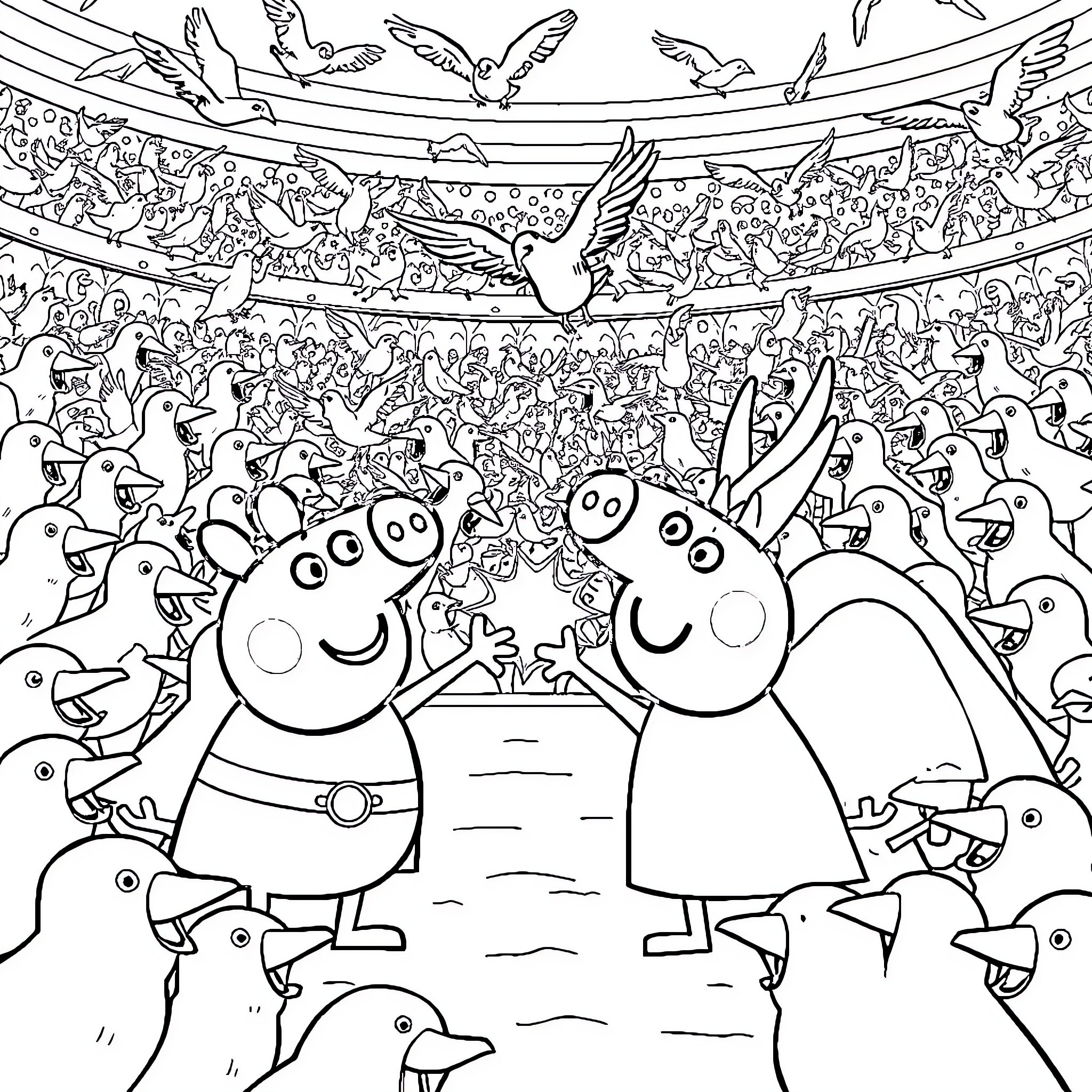 Pepa Pig and Friends Enjoying a Lively Stage Performance Coloring Page (free black-and-white line drawing printable PDF for all, from beginners to advanced learners, including children, teens, adults, and seniors)