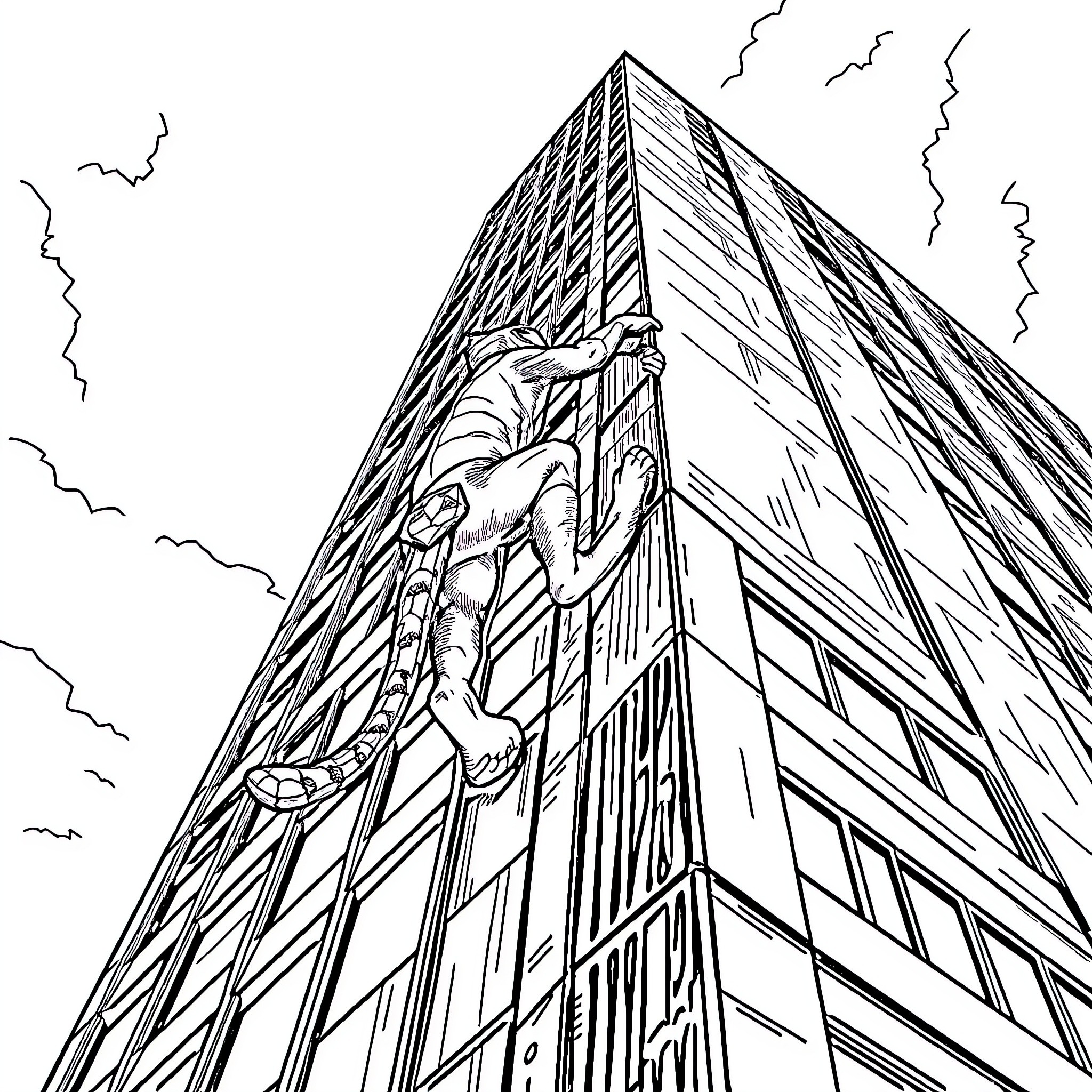 Spidcat scaling skyscraper with lightning in the sky Coloring Page (free black-and-white line drawing printable PDF for all, from beginners to advanced learners, including children, teens, adults, and seniors)