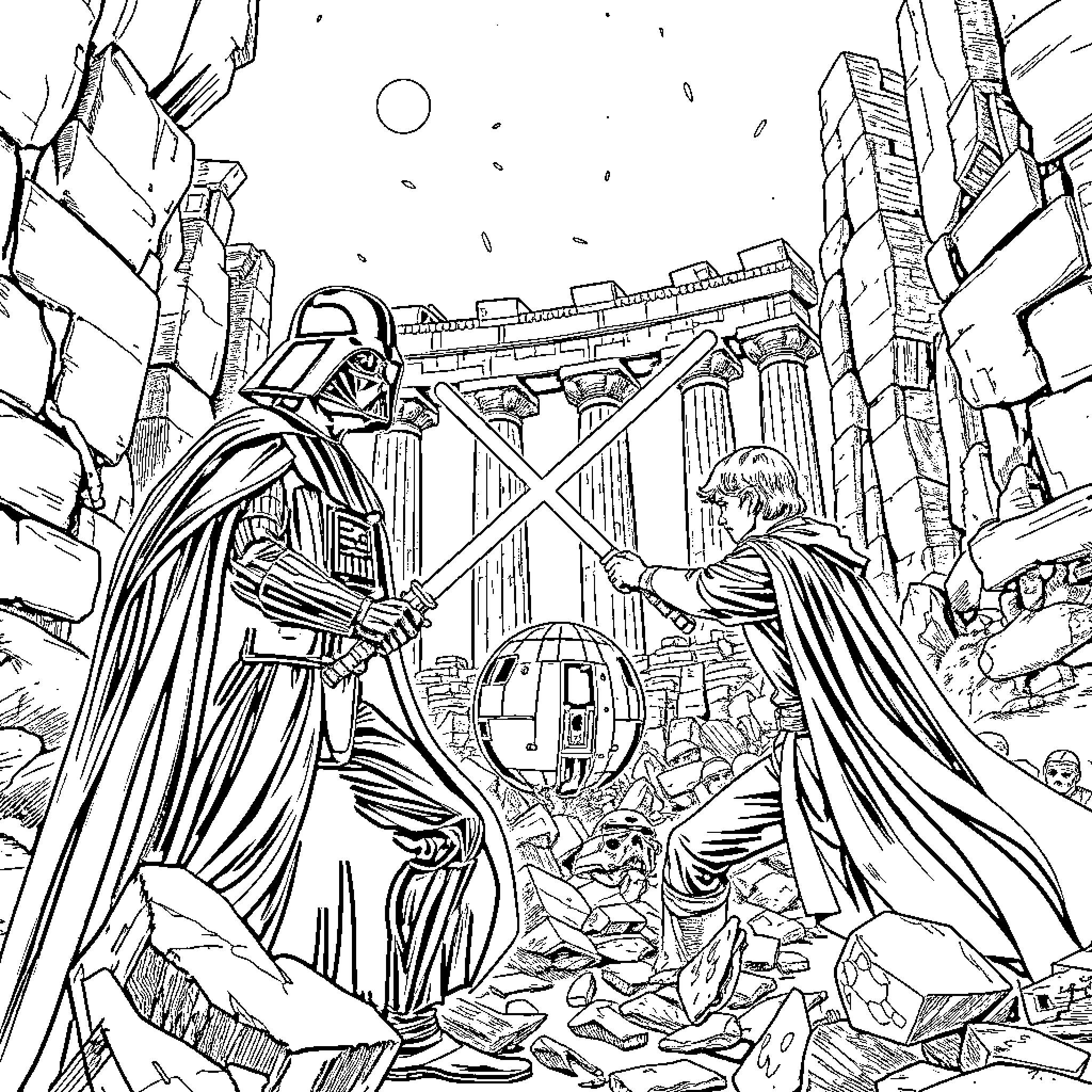 Darth Vader in an intense lightsaber battle Coloring Page (free black-and-white line drawing printable PDF for all, from beginners to advanced learners, including children, teens, adults, and seniors)