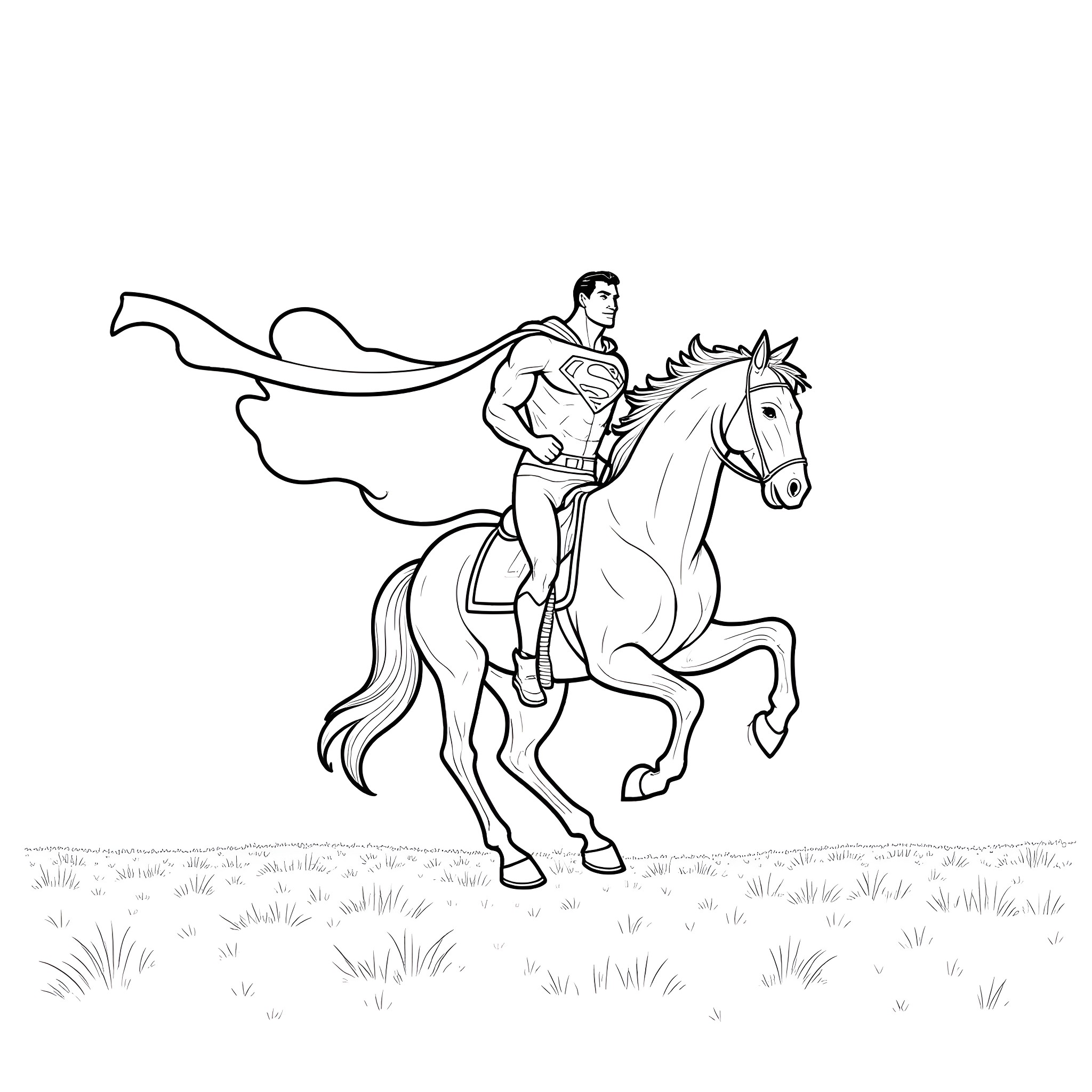 Superman riding heroically on a white horse Coloring Page (free black-and-white line drawing printable PDF for all, from beginners to advanced learners, including children, teens, adults, and seniors)