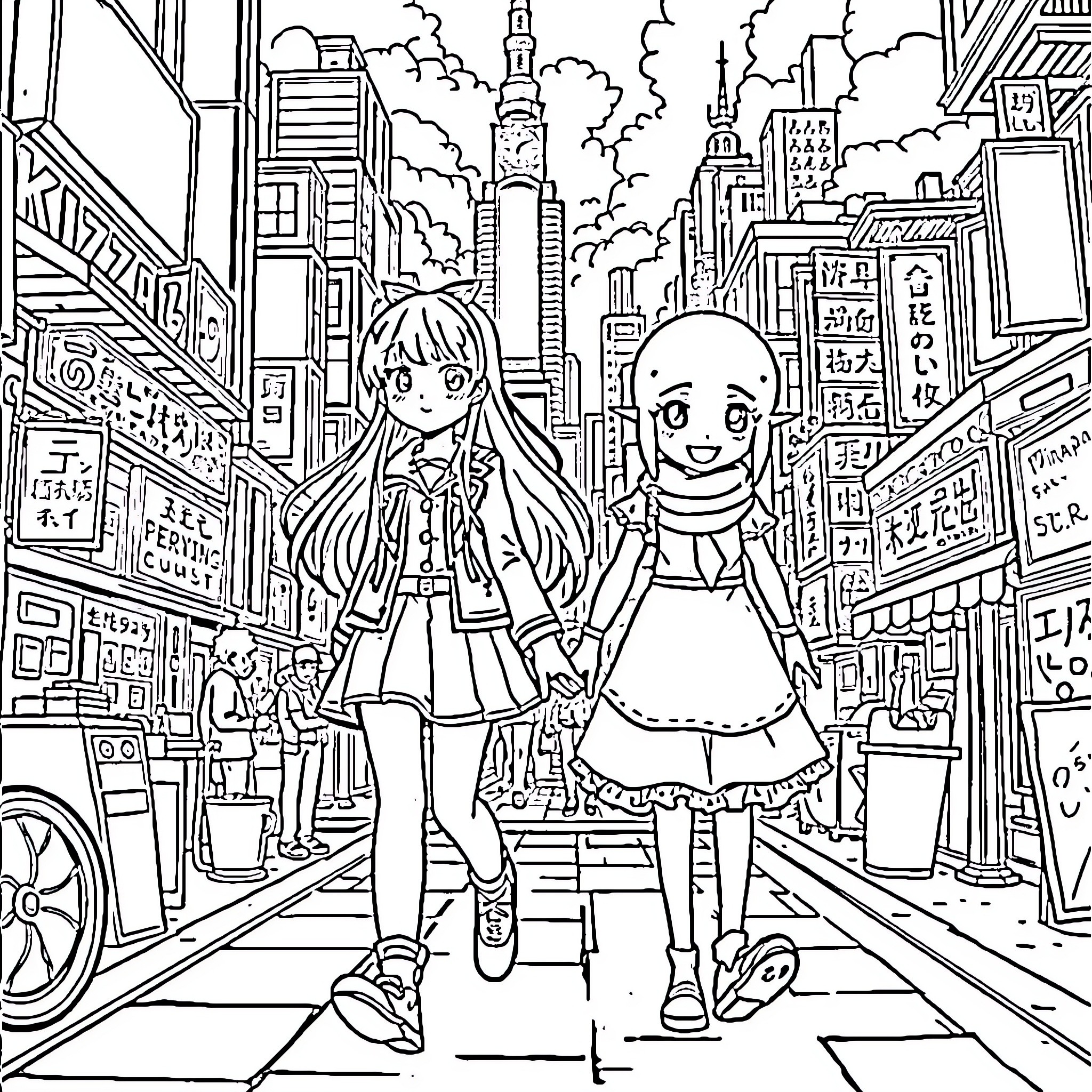 Niragi's Adventure in the City Streets Coloring Page (free black-and-white line drawing printable PDF for all, from beginners to advanced learners, including children, teens, adults, and seniors)