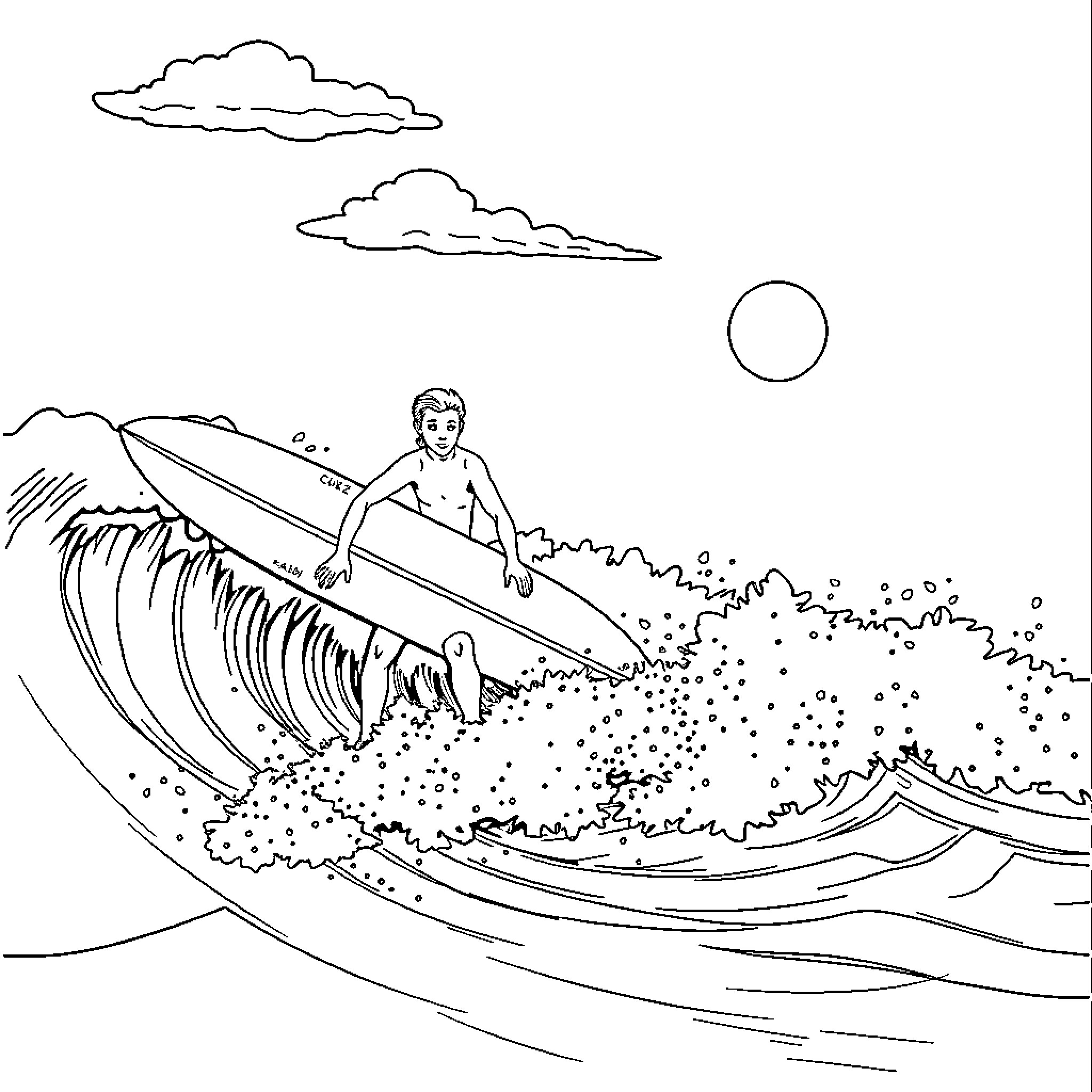 Surf riding giant wave under cloudy sky Coloring Page (free black-and-white line drawing printable PDF for all, from beginners to advanced learners, including children, teens, adults, and seniors)