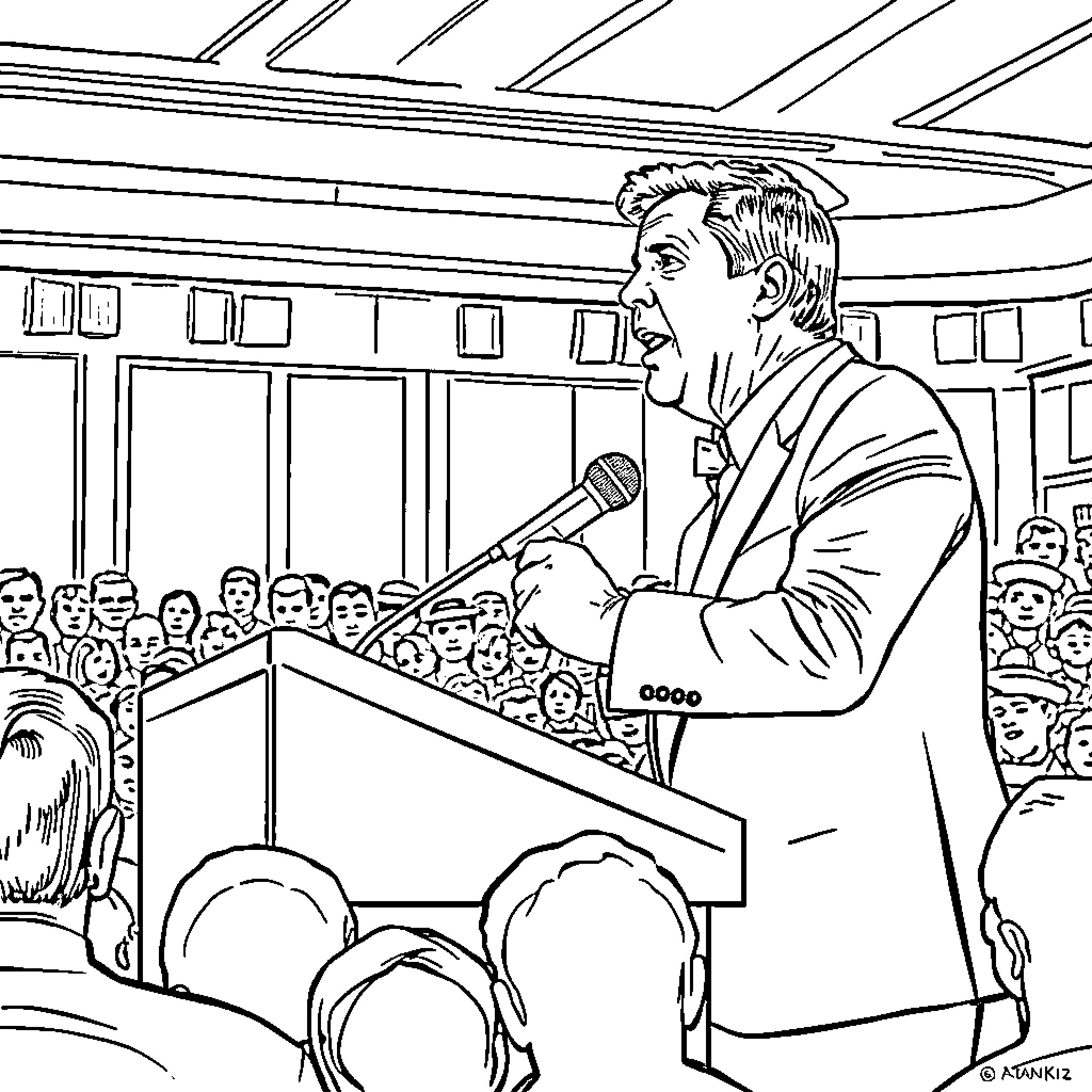 Charlie Kirk addressing a crowd at a podium Coloring Page (free black-and-white line drawing printable PDF for all, from beginners to advanced learners, including children, teens, adults, and seniors)