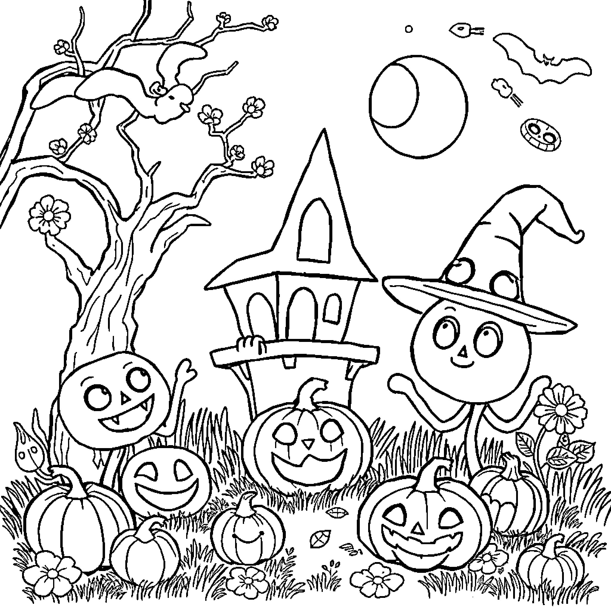 Halloween Fun with Pumpkins, Creatures, and Haunted House Coloring Page (free black-and-white line drawing printable PDF for all, from beginners to advanced learners, including children, teens, adults, and seniors)