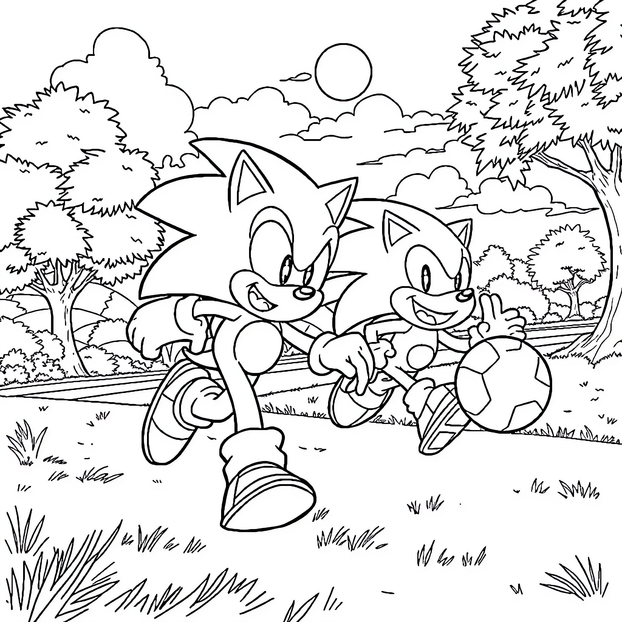 Sonic and Friends Racing Through the Forest Coloring Page (free black-and-white line drawing printable PDF for all, from beginners to advanced learners, including children, teens, adults, and seniors)