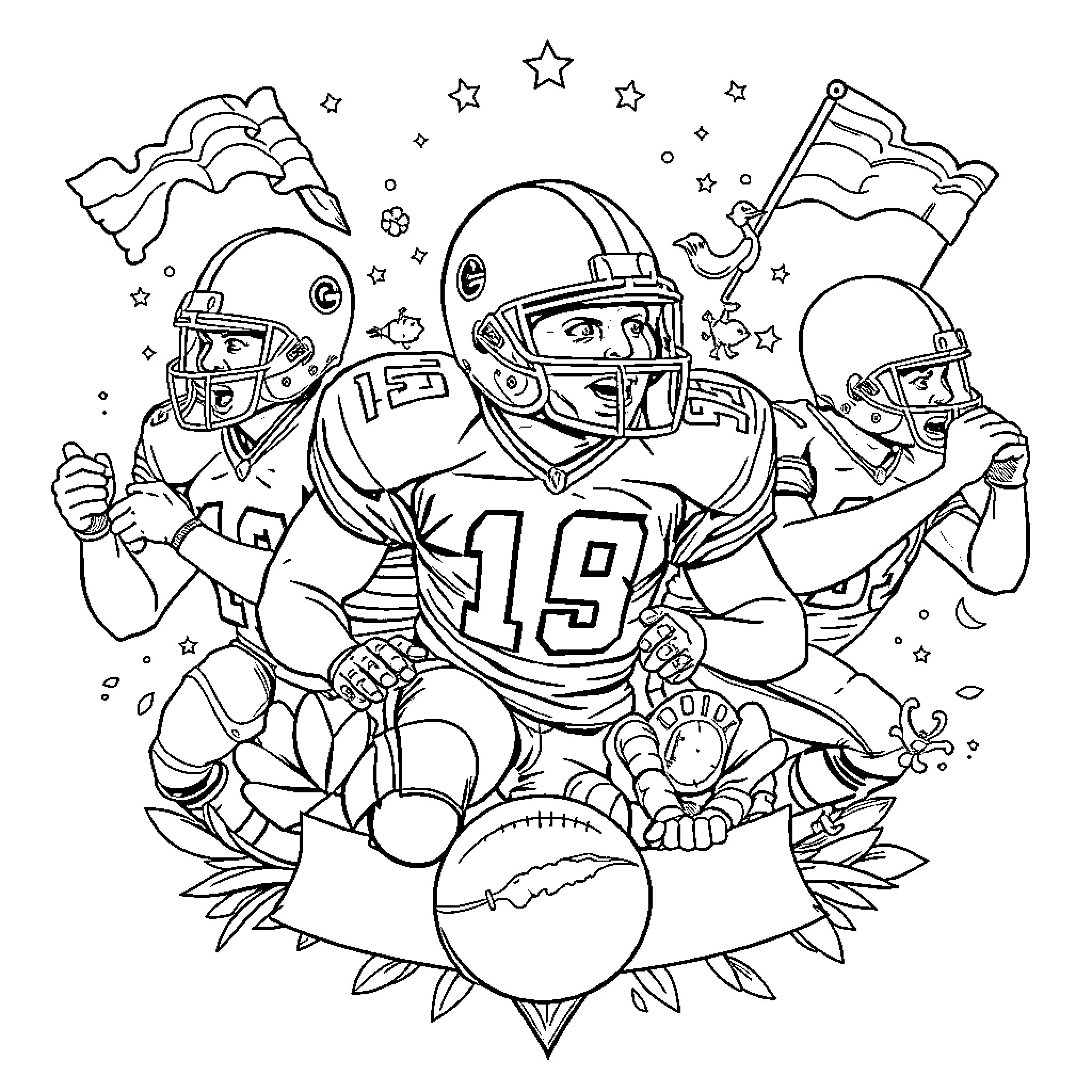 Football players in action with flags and stars Coloring Page (free black-and-white line drawing printable PDF for all, from beginners to advanced learners, including children, teens, adults, and seniors)