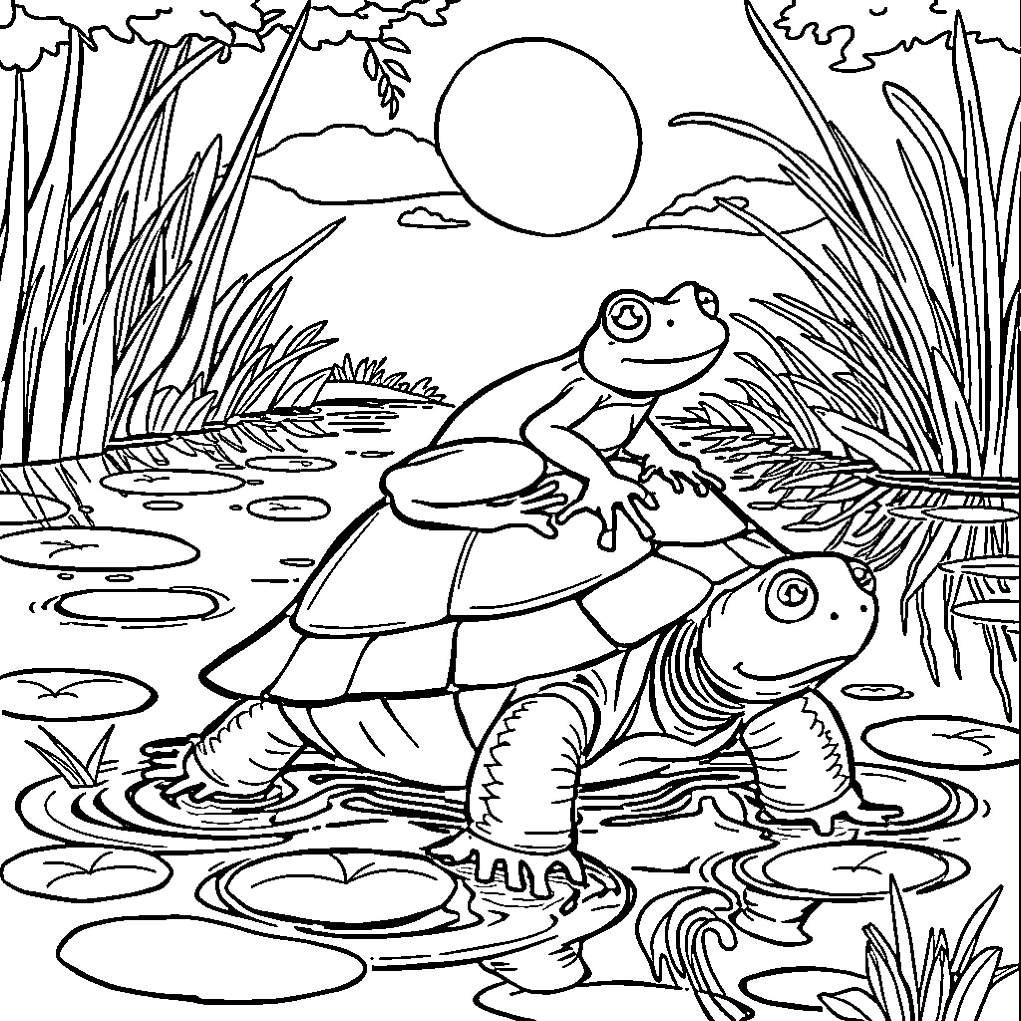 Frog riding a turtle in the pond Coloring Page (free black-and-white line drawing printable PDF for all, from beginners to advanced learners, including children, teens, adults, and seniors)