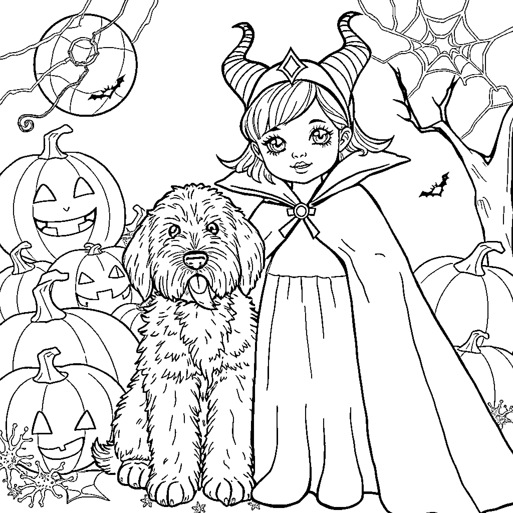 Girl in Halloween costume with her dog Coloring Page (free black-and-white line drawing printable PDF for all, from beginners to advanced learners, including children, teens, adults, and seniors)