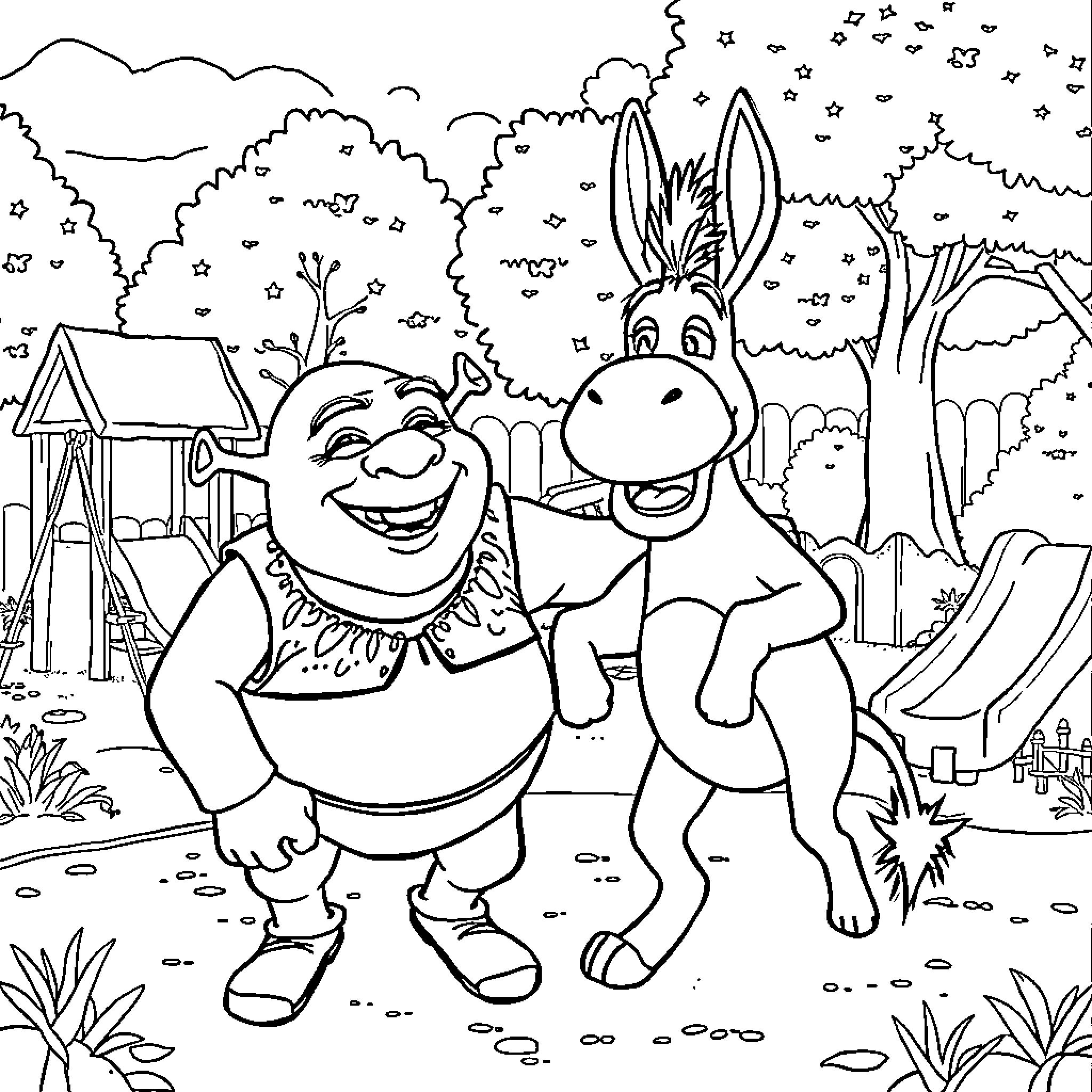 Shrek and Donkey's Outdoor Adventure Coloring Page (free black-and-white line drawing printable PDF for all, from beginners to advanced learners, including children, teens, adults, and seniors)