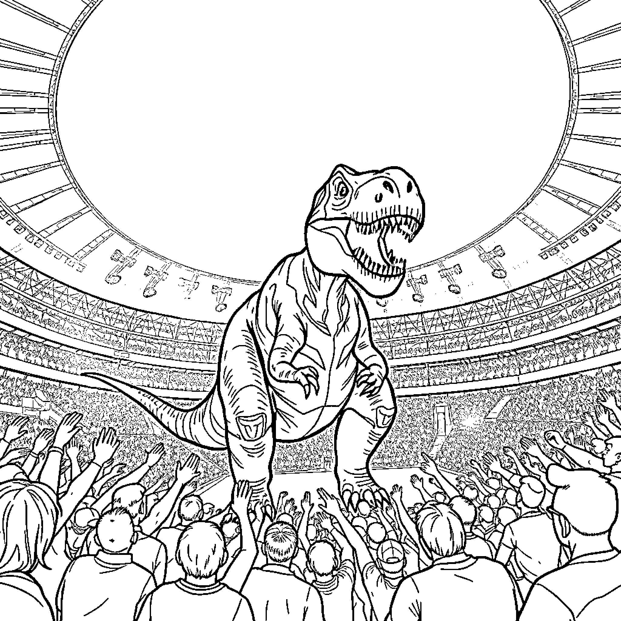 Dinosaur performing on stage in front of cheering audience Coloring Page (free black-and-white line drawing printable PDF for all, from beginners to advanced learners, including children, teens, adults, and seniors)