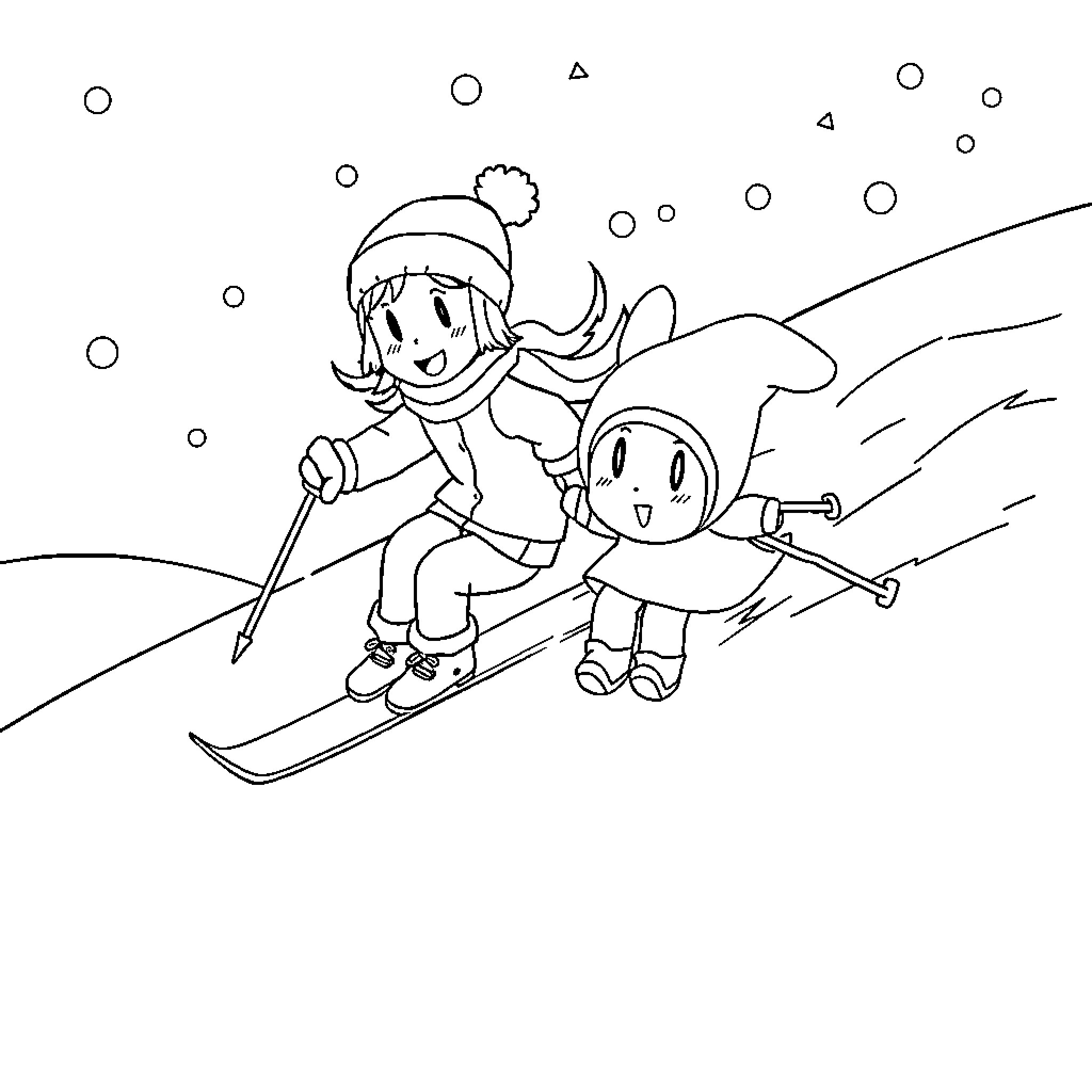Koromi's Winter Adventure on the Slopes Coloring Page (free black-and-white line drawing printable PDF for all, from beginners to advanced learners, including children, teens, adults, and seniors)