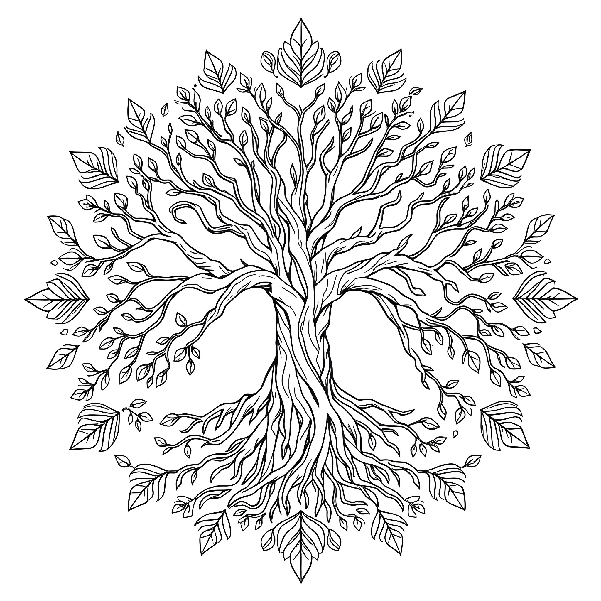 Tree of life with intricate branches and leaves Coloring Page (free black-and-white line drawing printable PDF for all, from beginners to advanced learners, including children, teens, adults, and seniors)