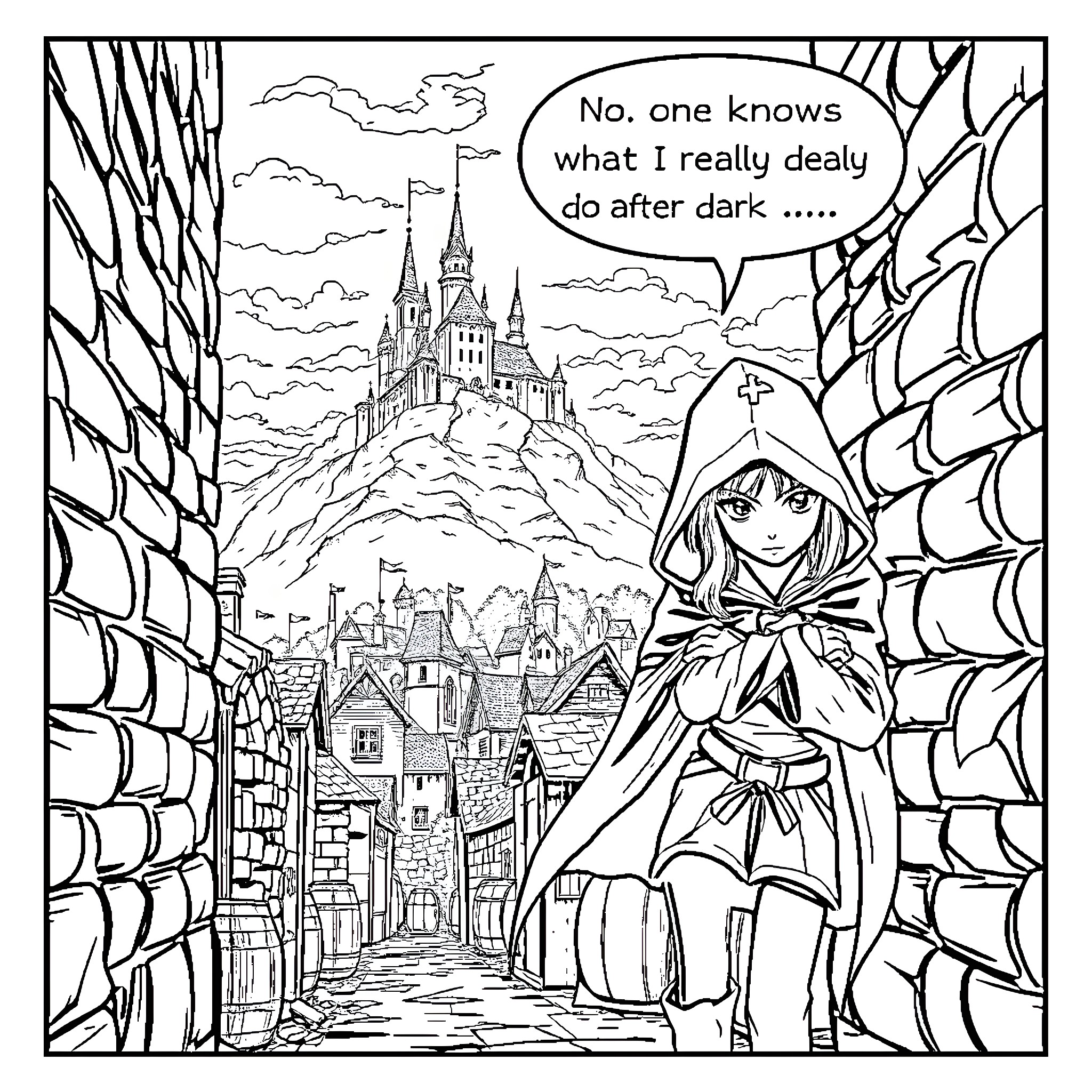Teen Girl Contemplates the Dark in Mysterious Town Coloring Page (free black-and-white line drawing printable PDF for all, from beginners to advanced learners, including children, teens, adults, and seniors)