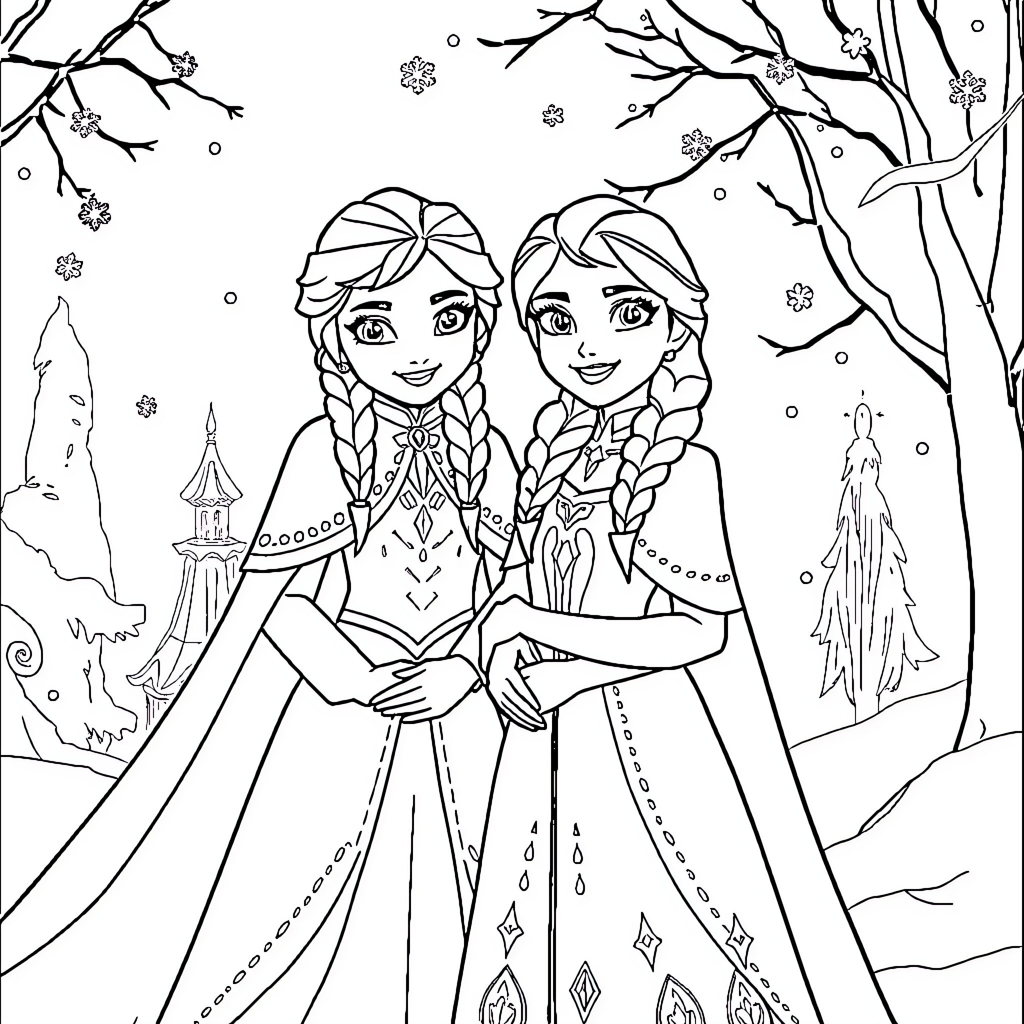 Elsa and Anna enjoying a winter wonderland scene Coloring Page (free black-and-white line drawing printable PDF for all, from beginners to advanced learners, including children, teens, adults, and seniors)