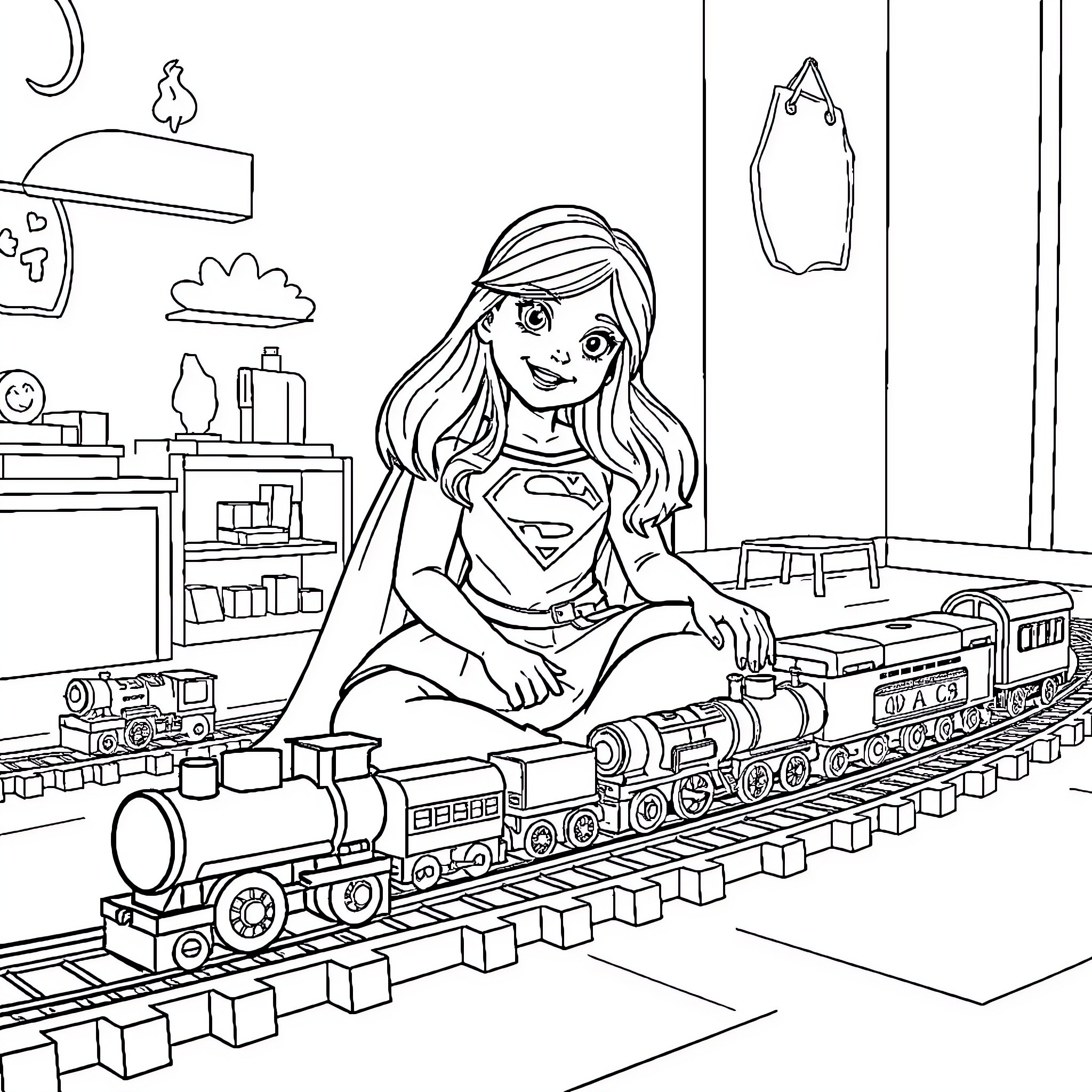 Supergirl playing with toy train in bedroom Coloring Page (free black-and-white line drawing printable PDF for all, from beginners to advanced learners, including children, teens, adults, and seniors)