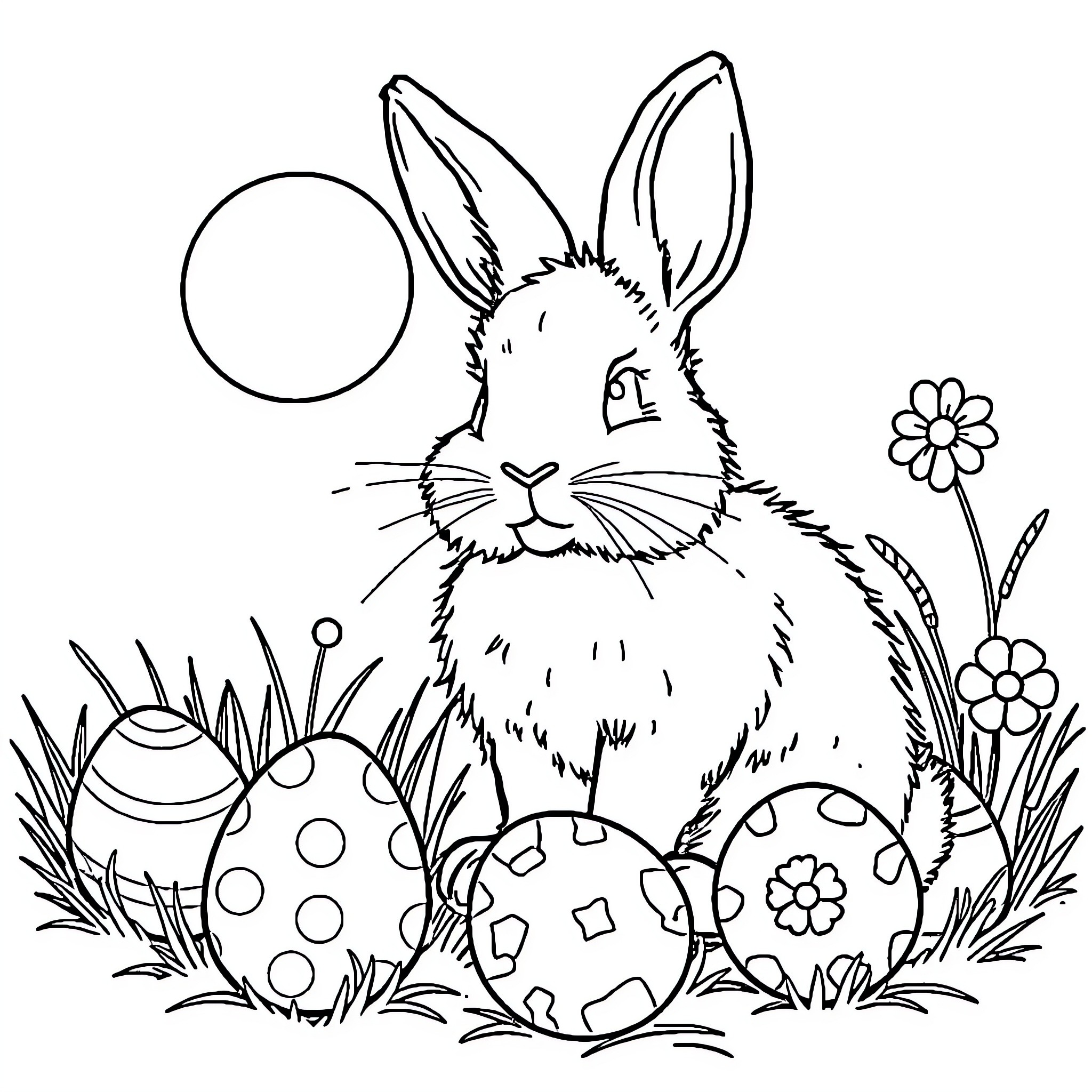 Rabbit among Easter eggs and flowers Coloring Page (free black-and-white line drawing printable PDF for all, from beginners to advanced learners, including children, teens, adults, and seniors)