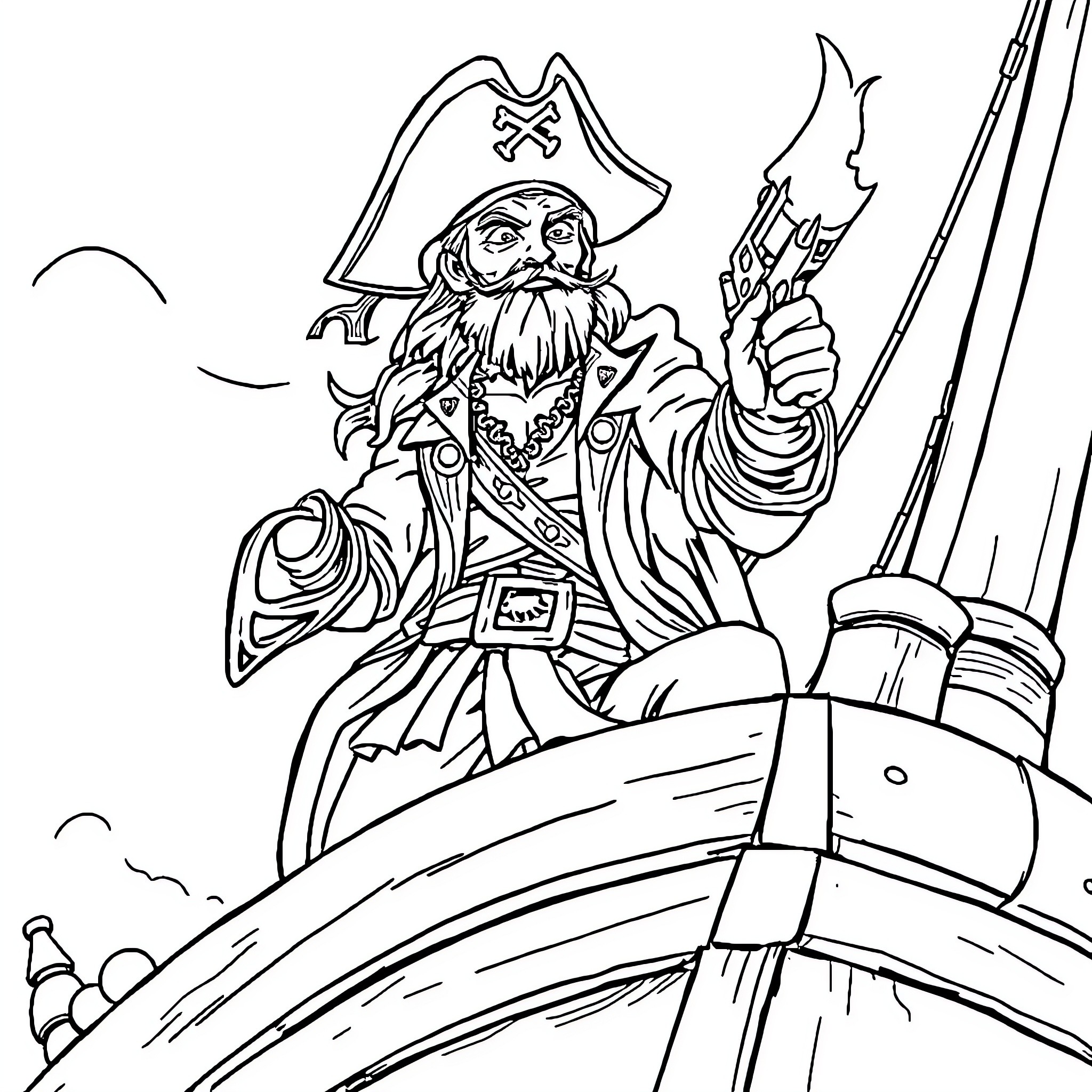Pirate Octopus commanding a ship and wielding a pistol Coloring Page (free black-and-white line drawing printable PDF for all, from beginners to advanced learners, including children, teens, adults, and seniors)