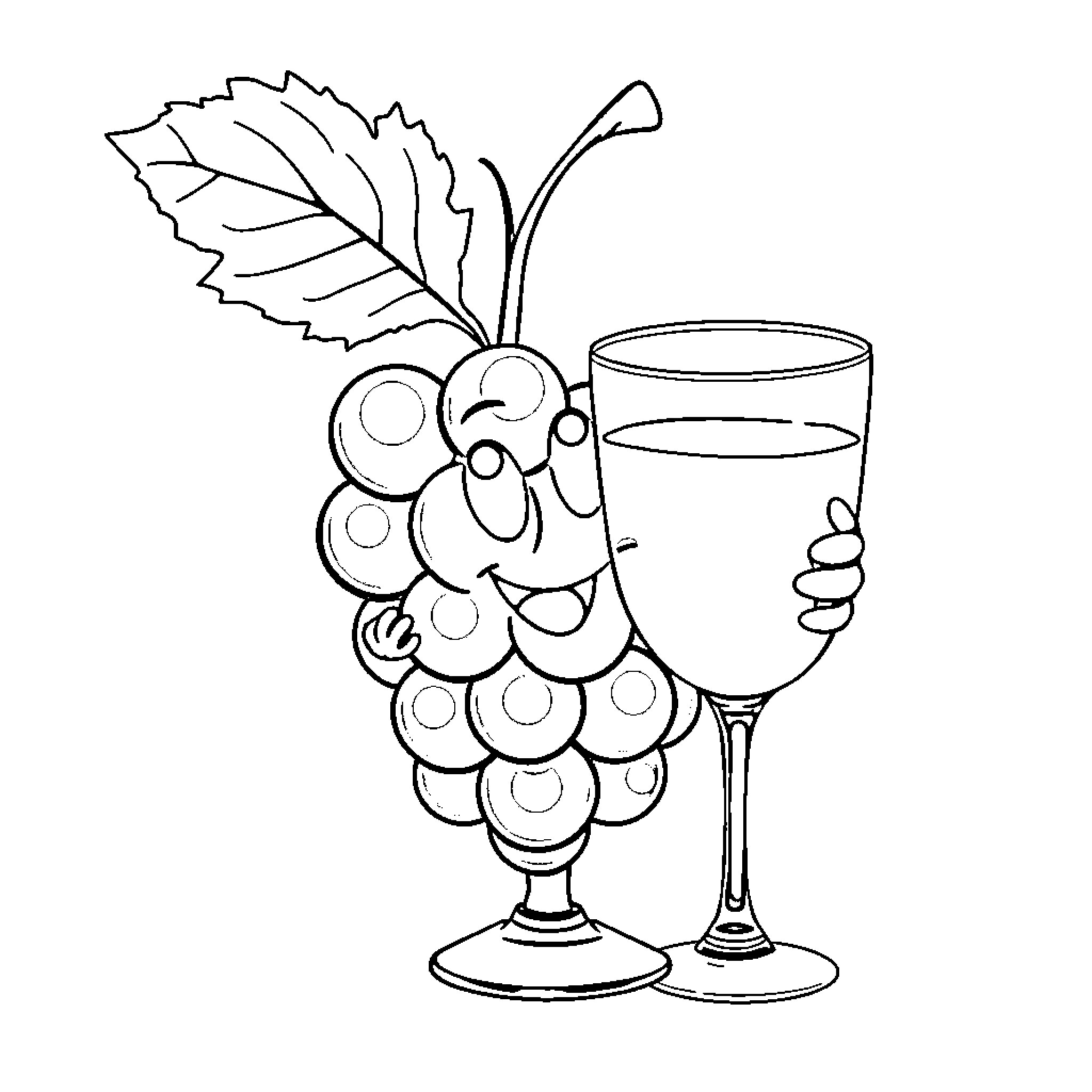 Grape enjoying a glass of wine Coloring Page (free black-and-white line drawing printable PDF for all, from beginners to advanced learners, including children, teens, adults, and seniors)