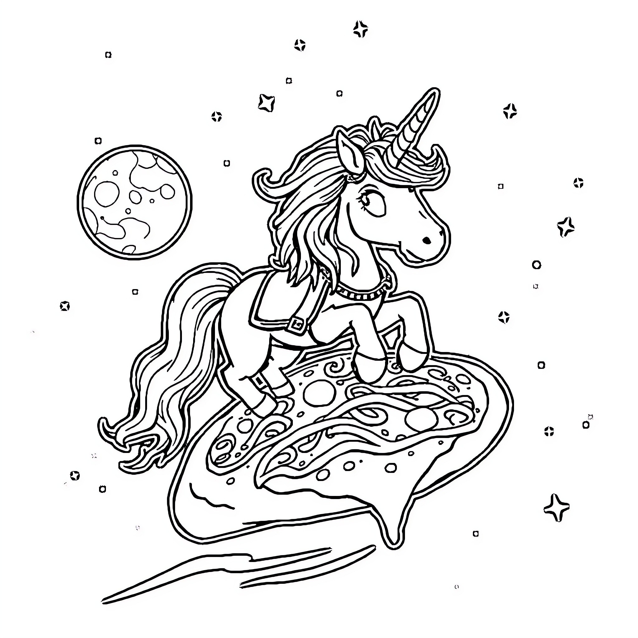 Unicorn soaring through the magical universe Coloring Page (free black-and-white line drawing printable PDF for all, from beginners to advanced learners, including children, teens, adults, and seniors)