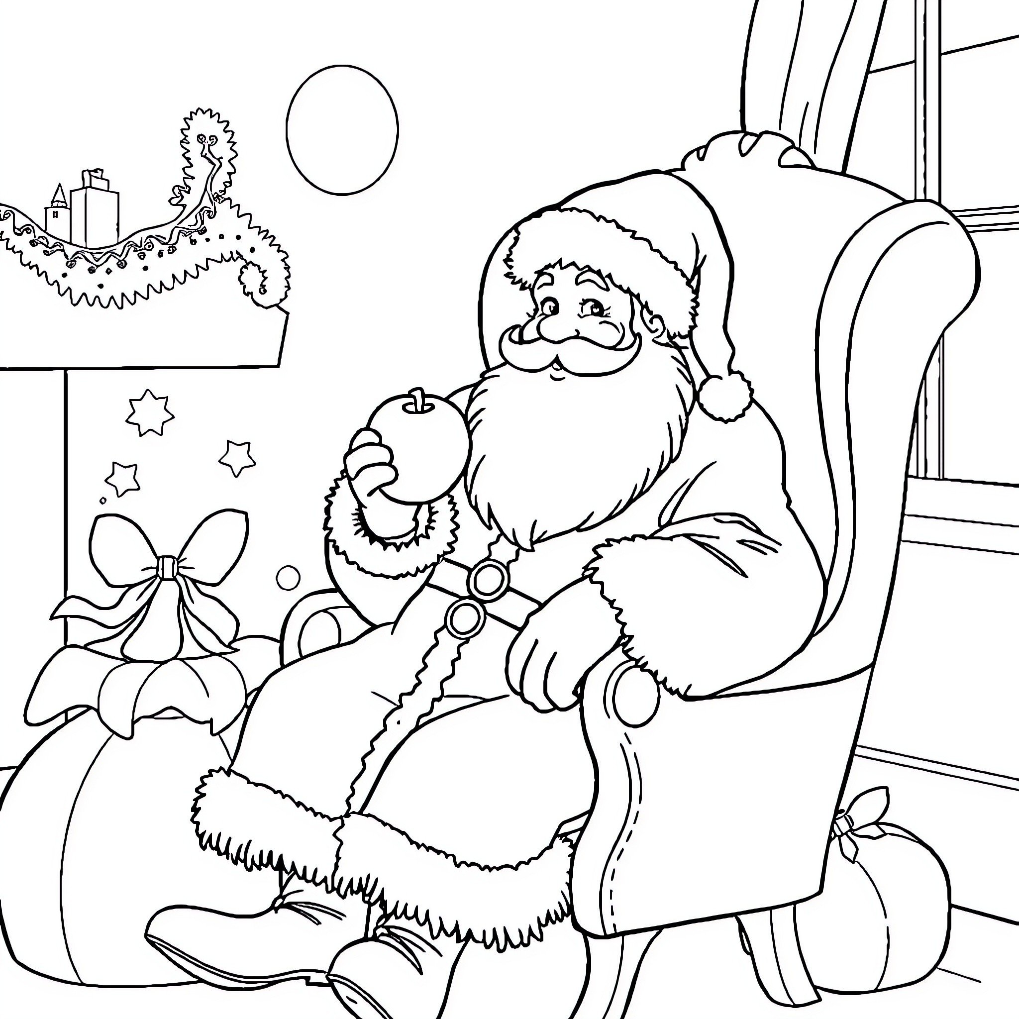 Santa Claus sitting with toys in winter scene Coloring Page (free black-and-white line drawing printable PDF for all, from beginners to advanced learners, including children, teens, adults, and seniors)