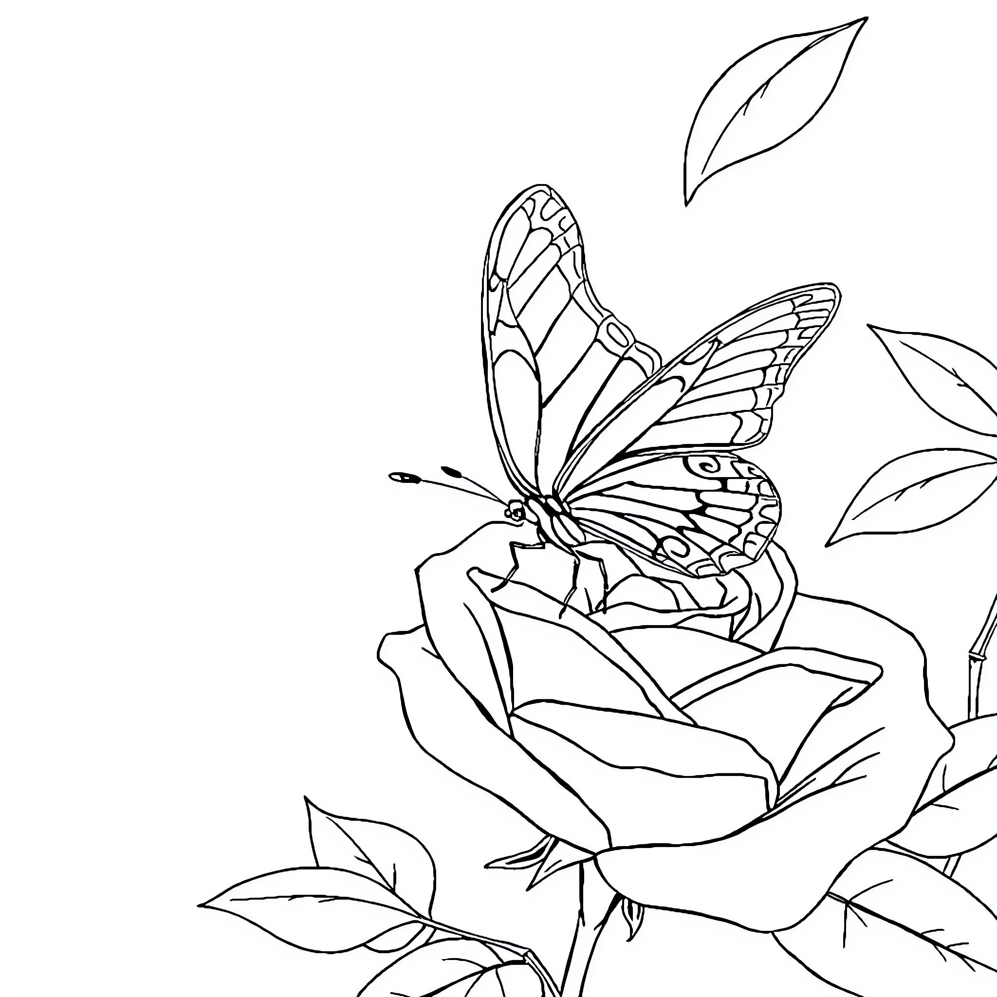 Butterfly resting gracefully on a rose Coloring Page (free black-and-white line drawing printable PDF for all, from beginners to advanced learners, including children, teens, adults, and seniors)