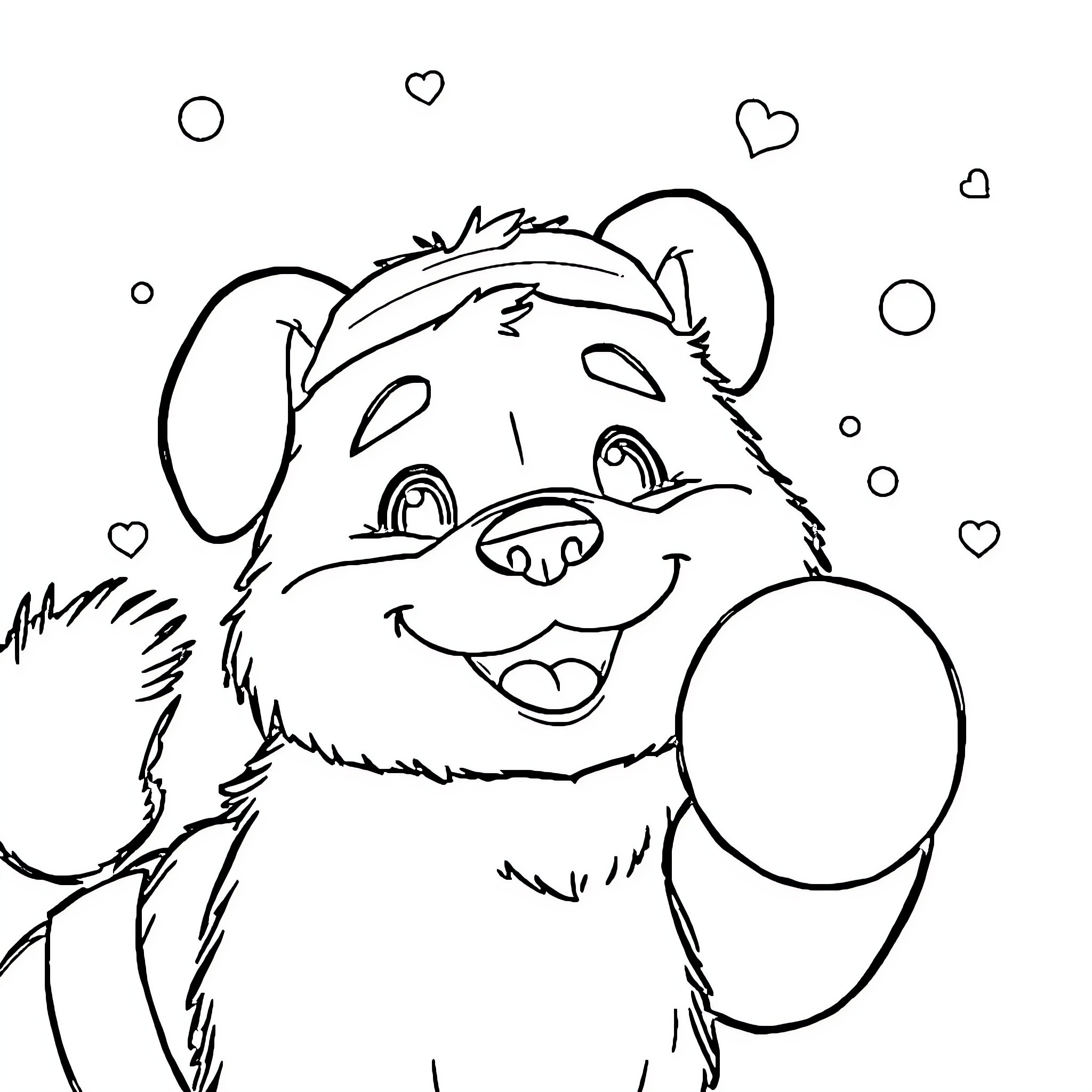 Brown Bear playing happily with hearts Coloring Page (free black-and-white line drawing printable PDF for all, from beginners to advanced learners, including children, teens, adults, and seniors)