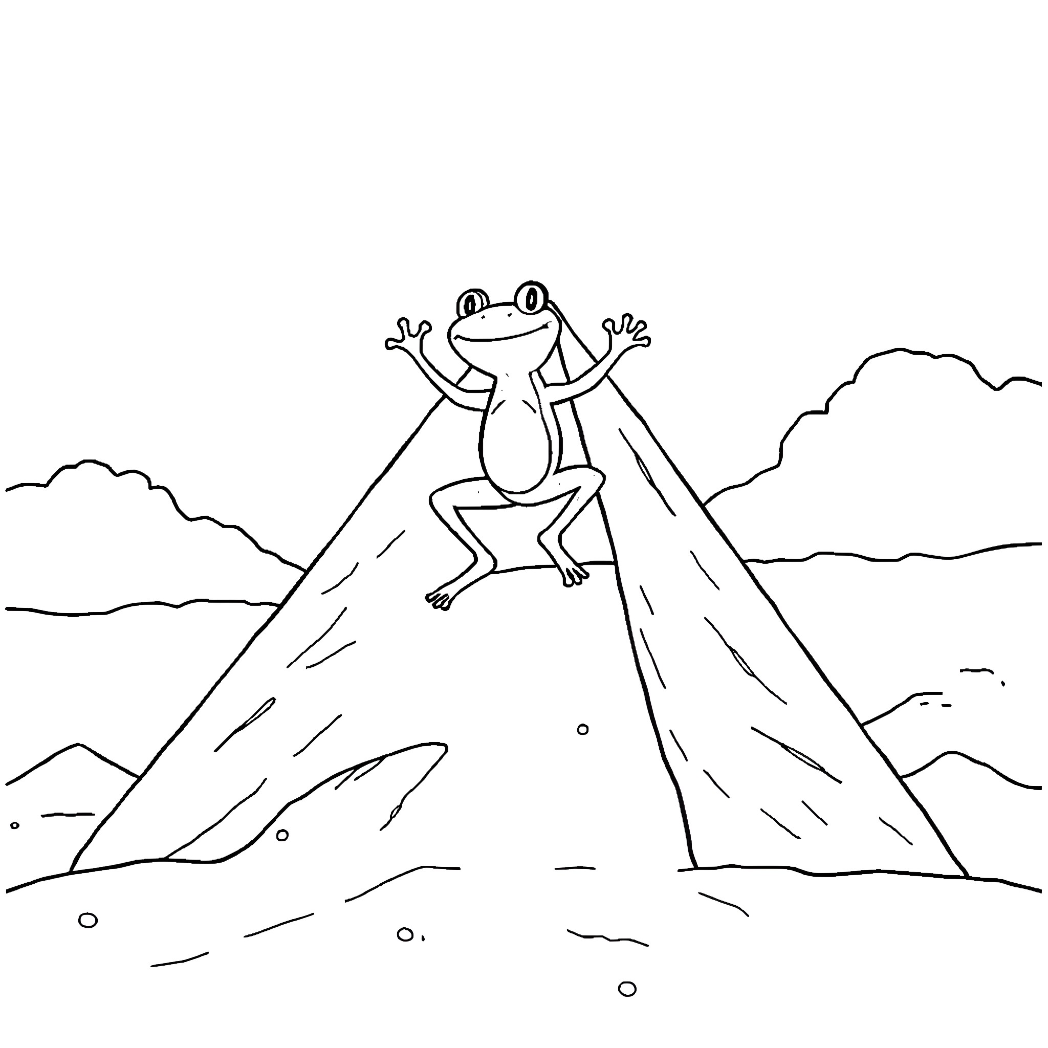 Frog leaping over a rocky landscape Coloring Page (free black-and-white line drawing printable PDF for all, from beginners to advanced learners, including children, teens, adults, and seniors)