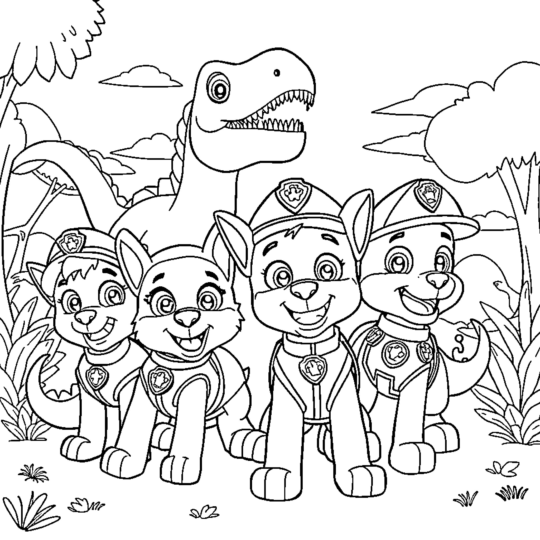 Paw Patrol characters exploring the wilderness Coloring Page (free black-and-white line drawing printable PDF for all, from beginners to advanced learners, including children, teens, adults, and seniors)