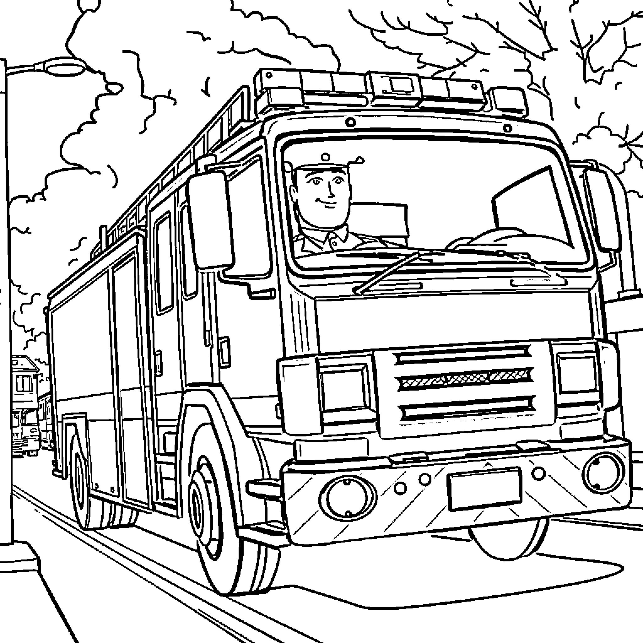 Camion de Pompier in action on the street Coloring Page (free black-and-white line drawing printable PDF for all, from beginners to advanced learners, including children, teens, adults, and seniors)