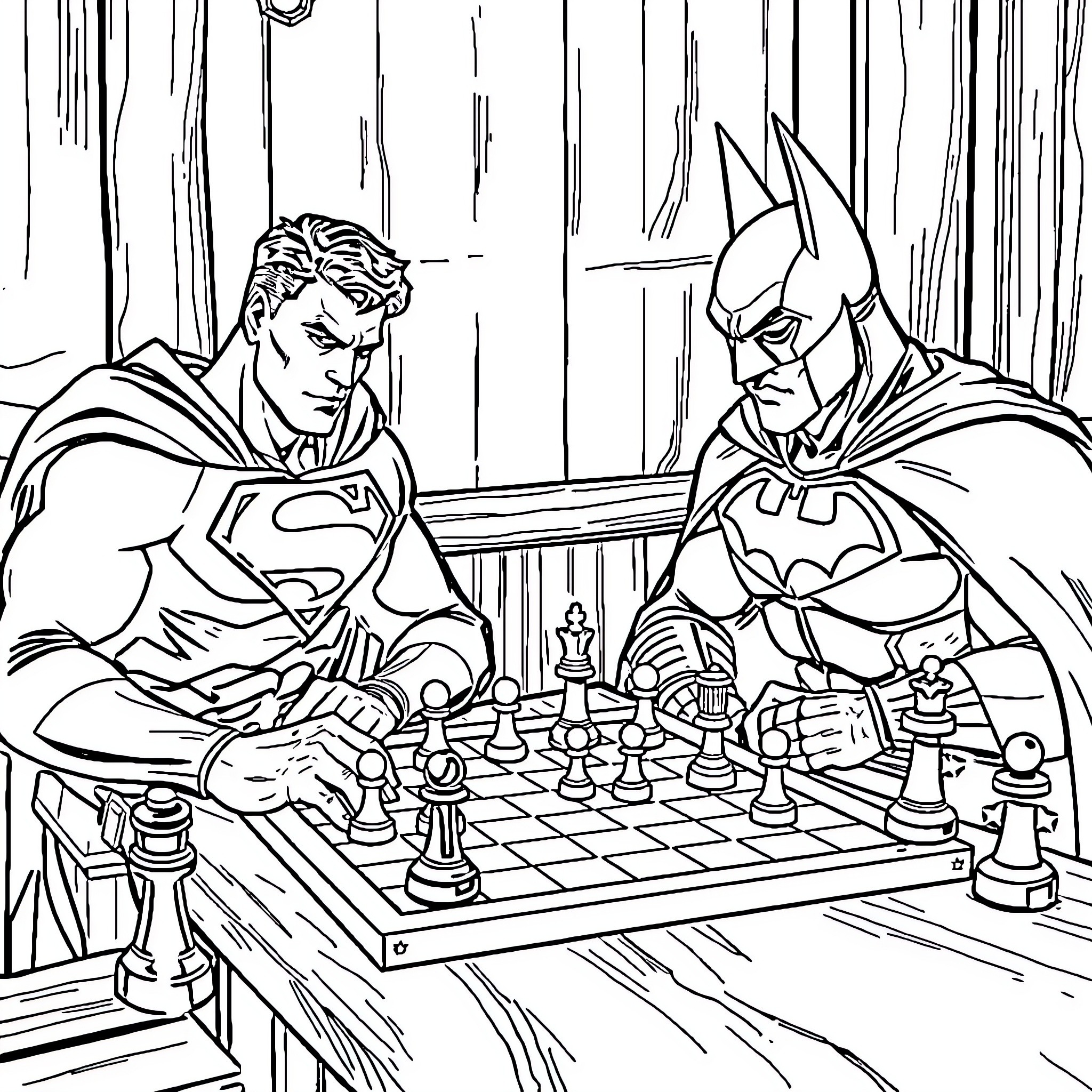 Superman and Batman playing chess together Coloring Page (free black-and-white line drawing printable PDF for all, from beginners to advanced learners, including children, teens, adults, and seniors)