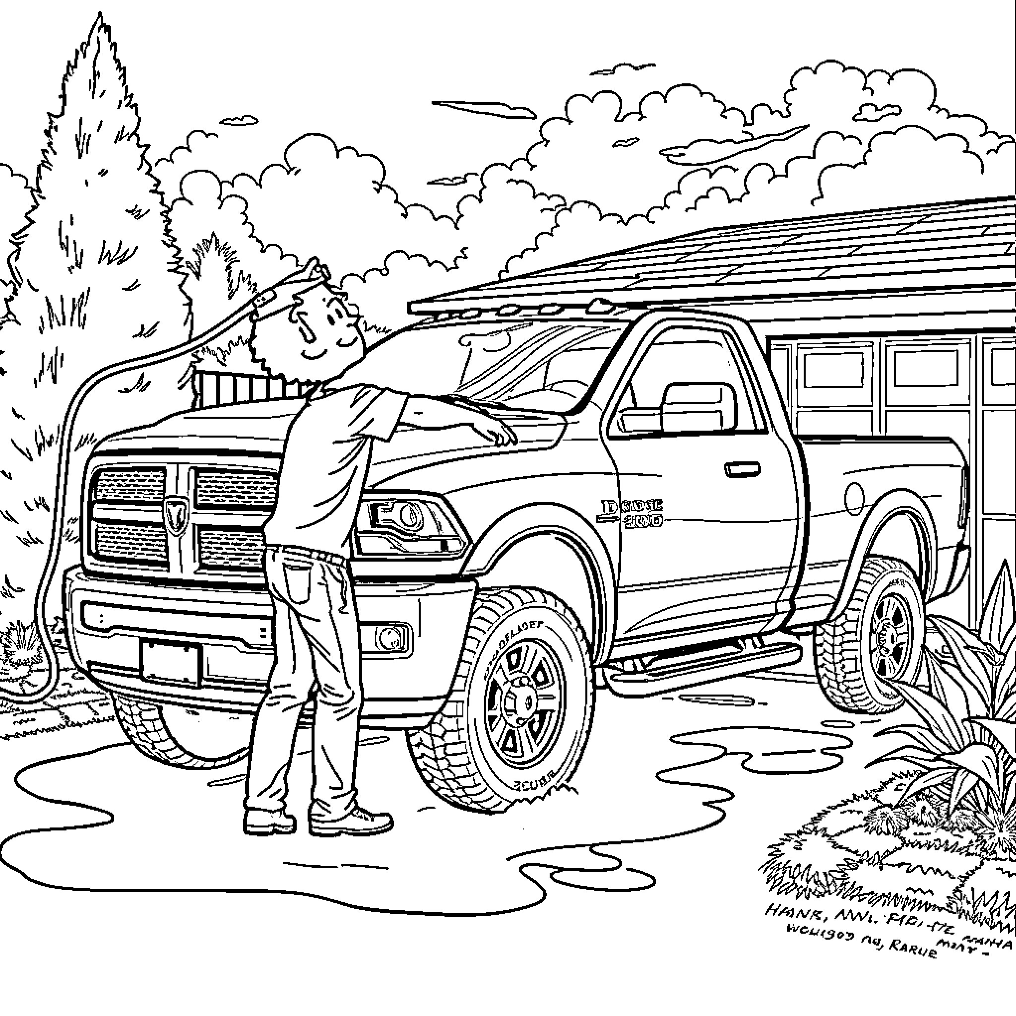 Dodge Ram truck parked in a rural scene Coloring Page (free black-and-white line drawing printable PDF for all, from beginners to advanced learners, including children, teens, adults, and seniors)