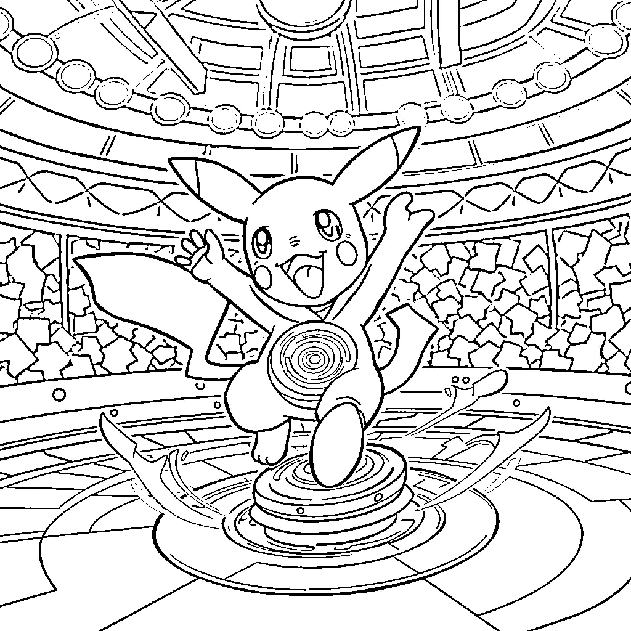 Pokémon character on an intricate platform Coloring Page (free black-and-white line drawing printable PDF for all, from beginners to advanced learners, including children, teens, adults, and seniors)