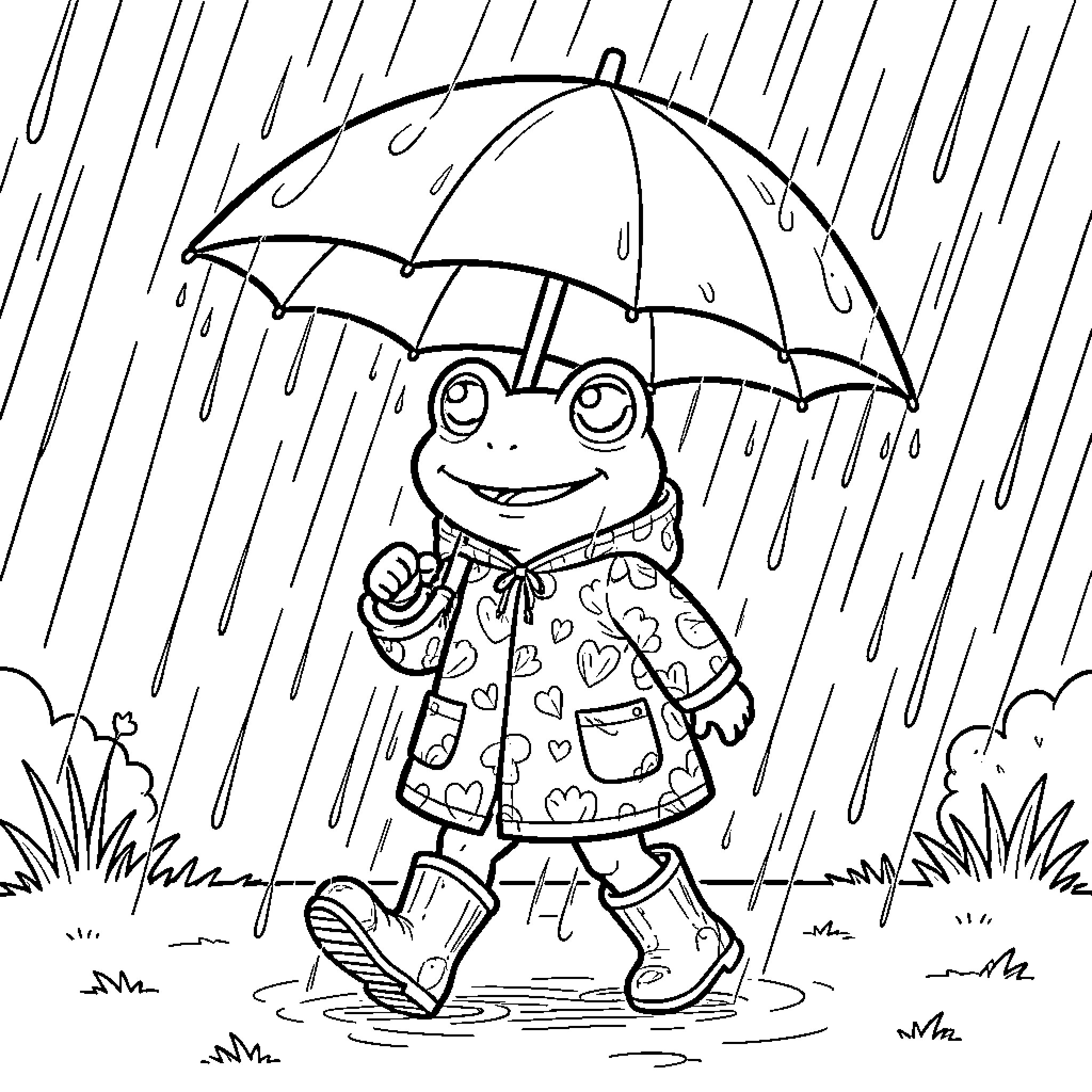 Frog enjoying a rainy day with umbrella Coloring Page (free black-and-white line drawing printable PDF for all, from beginners to advanced learners, including children, teens, adults, and seniors)